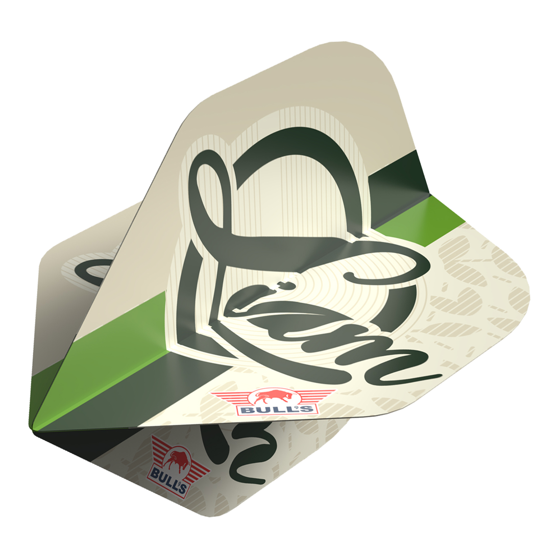 Das Bild zeigt ein Dart-Flights-Set mit dem Namen "Bulls NL Player 100 Liam Maendl Lawrance No2 Standard Flights". Die Flights sind beige mit grünen und schwarzen Akzenten und tragen das Bulls-Logo sowie den Schriftzug "Liam".