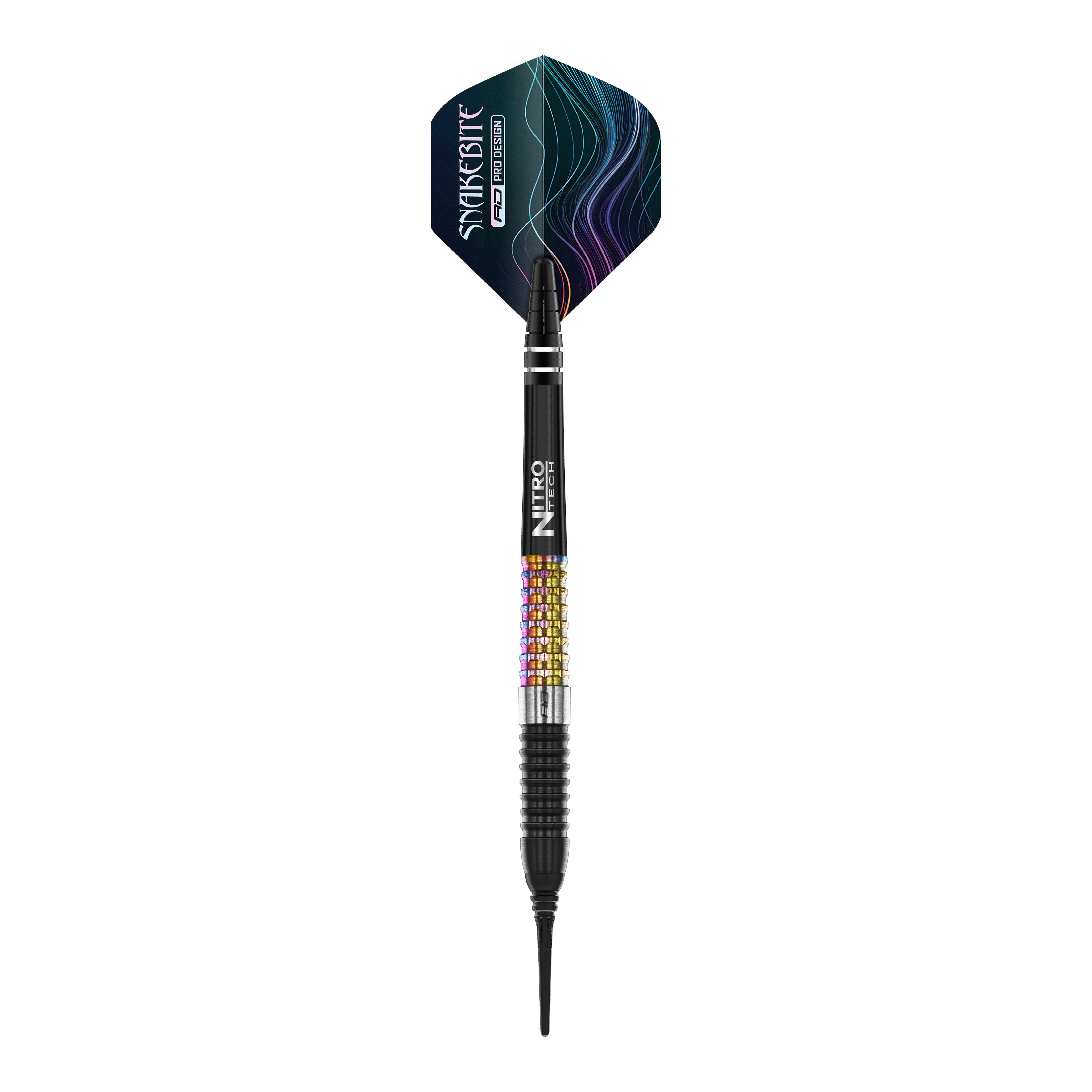 Šipky Red Dragon Peter Wright Corra Soft - 18g Das Bild zeigt einen Red Dragon Peter Wright Corra Softdart mit einem Gewicht von 18 Gramm. Der Dart hat bunte Griffbereiche und einen schwarz-blauen Flight mit dem Aufdruck "Snakesbite".