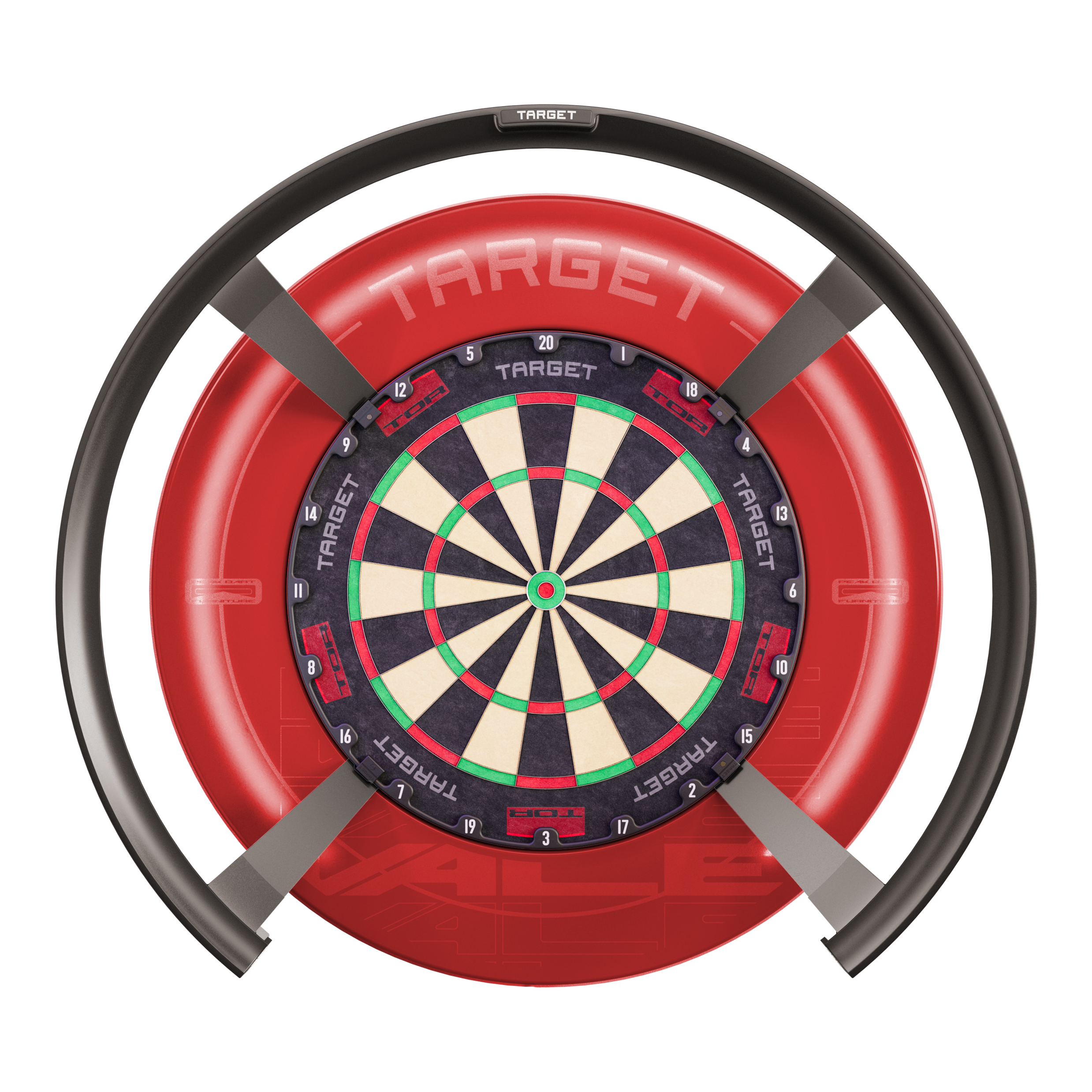 Systém automatického bodování Target OMNI Das Bild zeigt das Produkt "Target OMNI Auto-Scoring-System", ein innovatives elektronisches System für Dartspiele. Es besteht aus einem Dartboard mit einem kreisförmigen automatischen Punktesystem und einer markanten roten Umrandung.