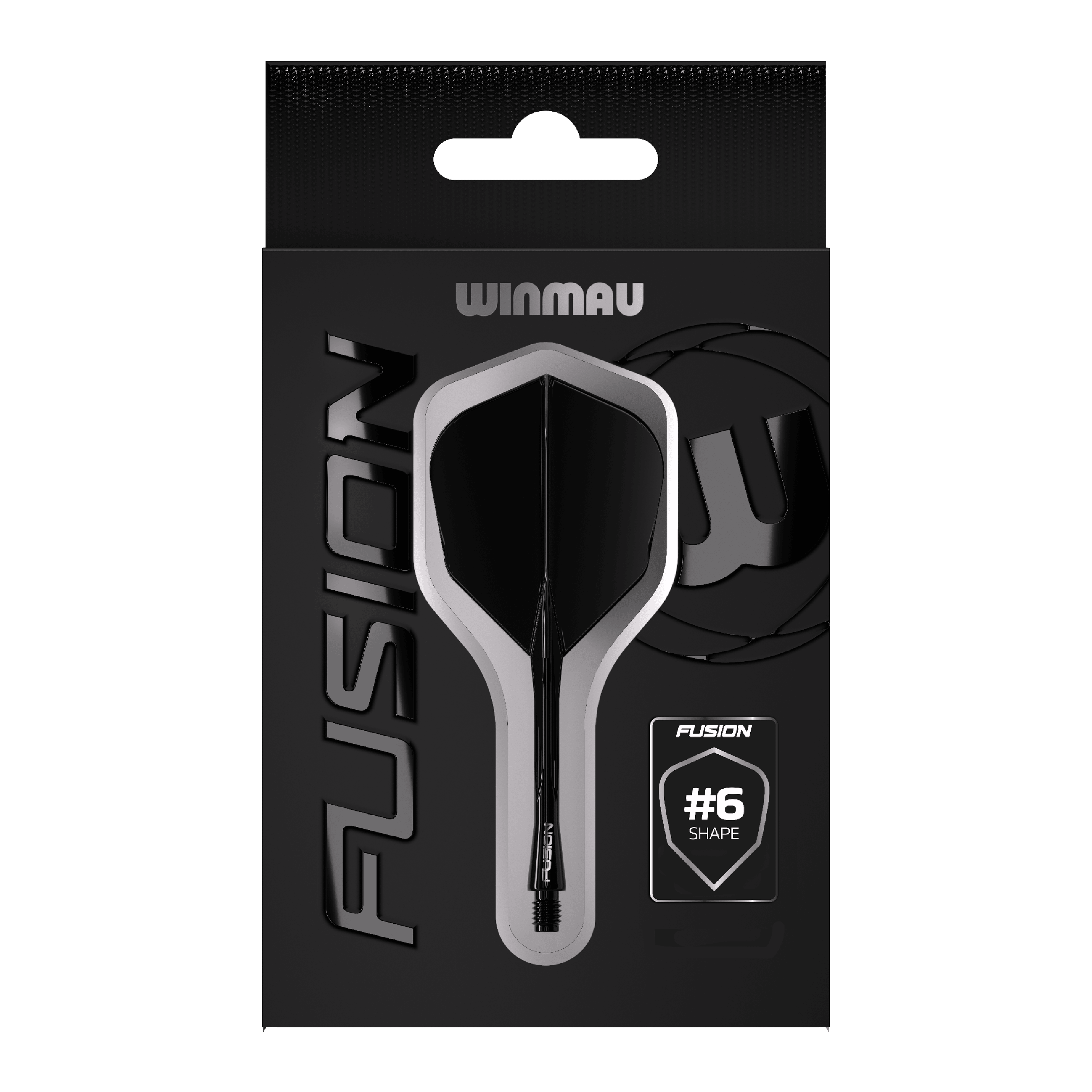 Systém letky Winmau Fusion č. 6, černá Das Bild zeigt eine Verpackung des Winmau Fusion Flight Shaft Systems in Schwarz. Auf der Verpackung steht, dass es sich um die Form Nummer 6 handelt.