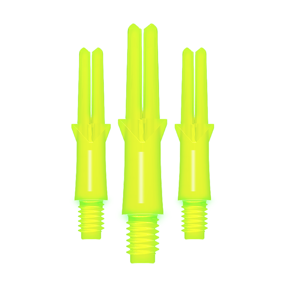 Das Bild zeigt drei neon-gelbe, gerade Dart-Schäfte mit Gewinde. Sie sind unterschiedlich lang und stehen nebeneinander aufrecht.