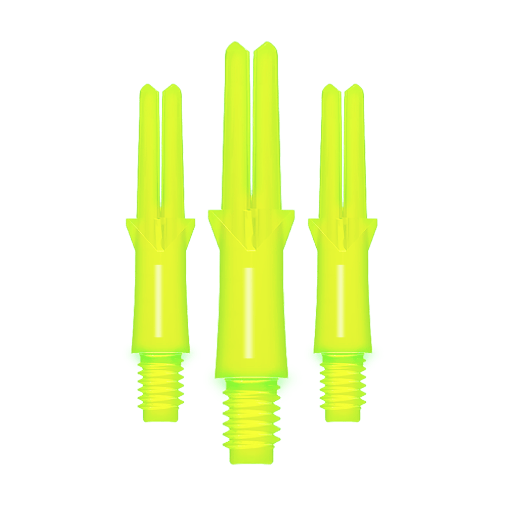 L-L-Style-Shafts Uzamčené rovné - Neonově žluté Das Bild zeigt drei neon-gelbe, gerade Dart-Schäfte mit Gewinde. Sie sind unterschiedlich lang und stehen nebeneinander aufrecht.