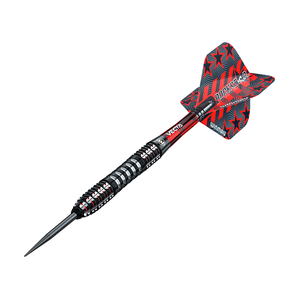 1483_Winmau_Joe_Cullen_Ignition_Series_Steeldarts_4 Dies ist ein moderner Steeldartpfeil mit einem schwarzen und silbernen Griff. Die Flights sind rot und schwarz mit Sternenmuster und der Aufschrift „ROCKSTAR“.