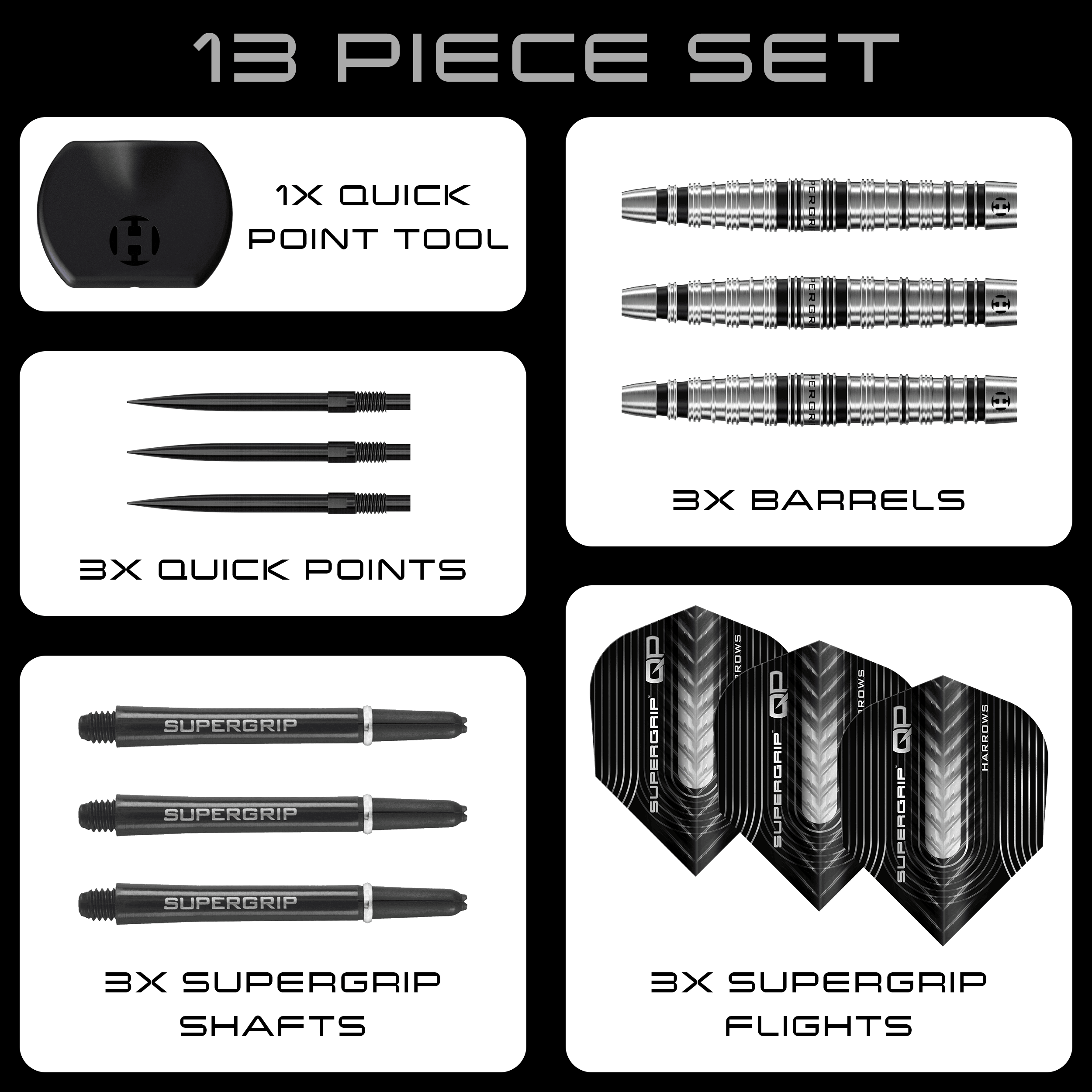 Šipky Harrows Supergrip Torpedo Quick Point ocelové Harrows Supergrip Torpedo Quick Point Steeldarts sind auf dem Bild zu sehen. Eine Detailansicht hebt den Produktbereich hervor.