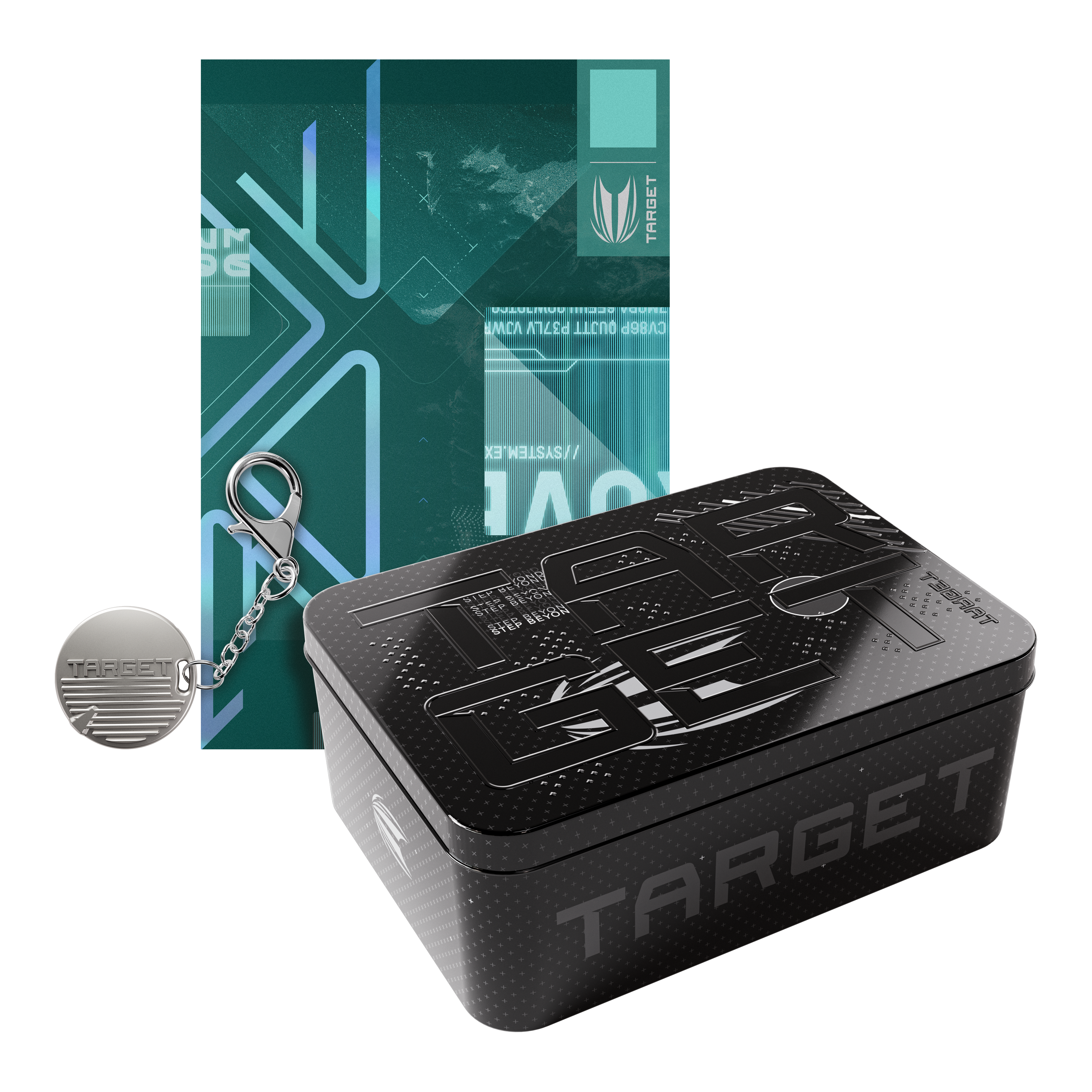 Das Bild zeigt eine schwarze Box mit der Aufschrift "TARGET", einen runden Schlüsselanhänger und eine türkisfarbene Karte mit modernen grafischen Elementen. Alle Gegenstände haben ein einheitliches, futuristisches Design.