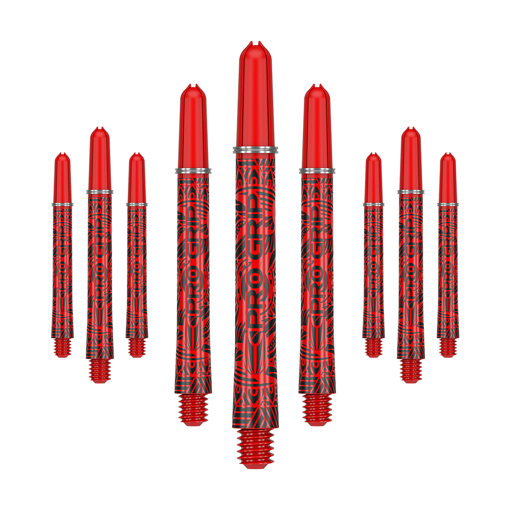 Das Bild zeigt neun rote Dartshafts mit schwarzem Muster und der Aufschrift "PRO GRIP". Sie sind in einer Reihe angeordnet, wobei drei in der Mitte größer dargestellt sind.