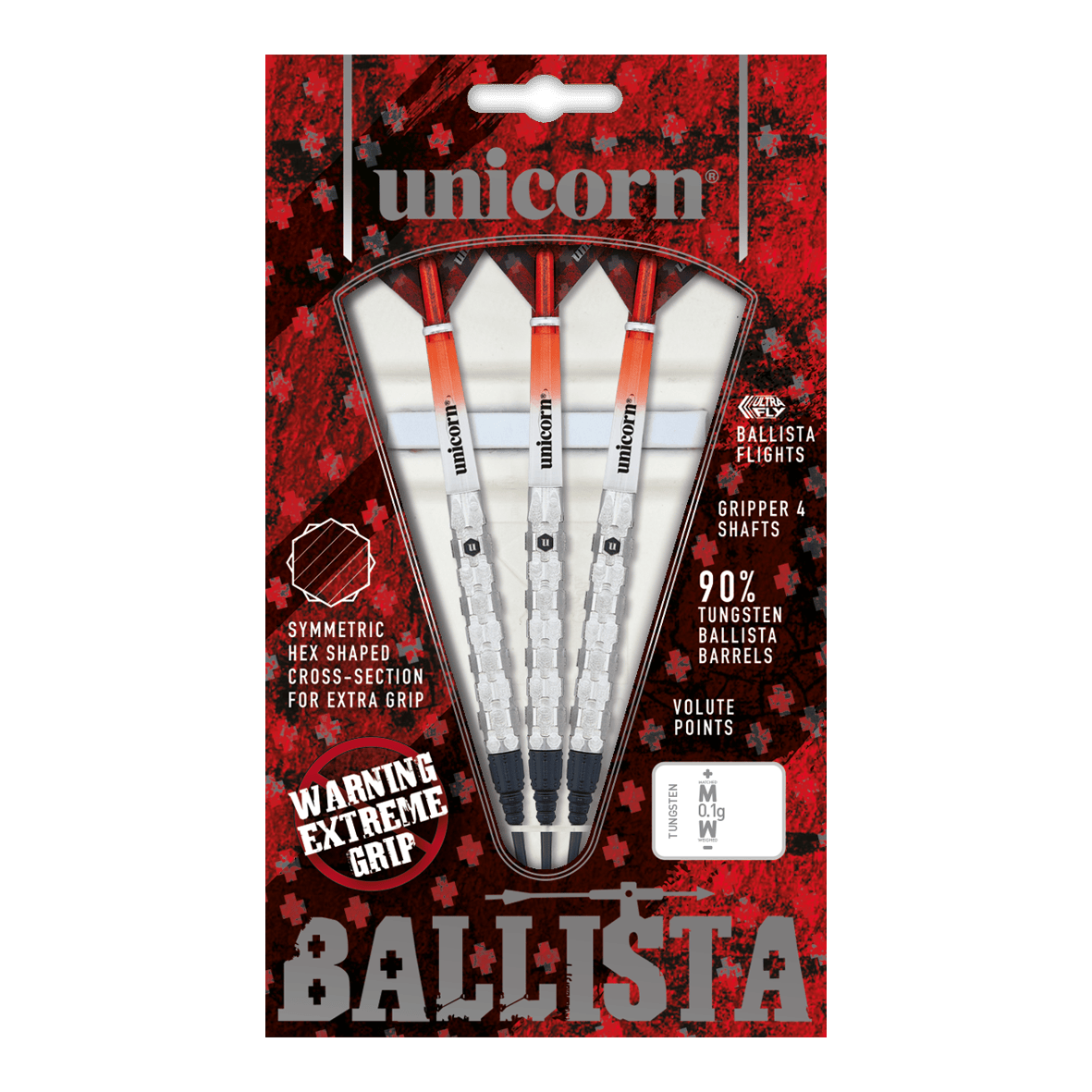 Měkké šipky Unicorn Ballista Style 1 Das Bild zeigt die Verpackung der "Unicorn Ballista Style 1 Softdarts". In der Packung befinden sich drei Softdarts mit weiß-roten Flights und silbernen Griffen.