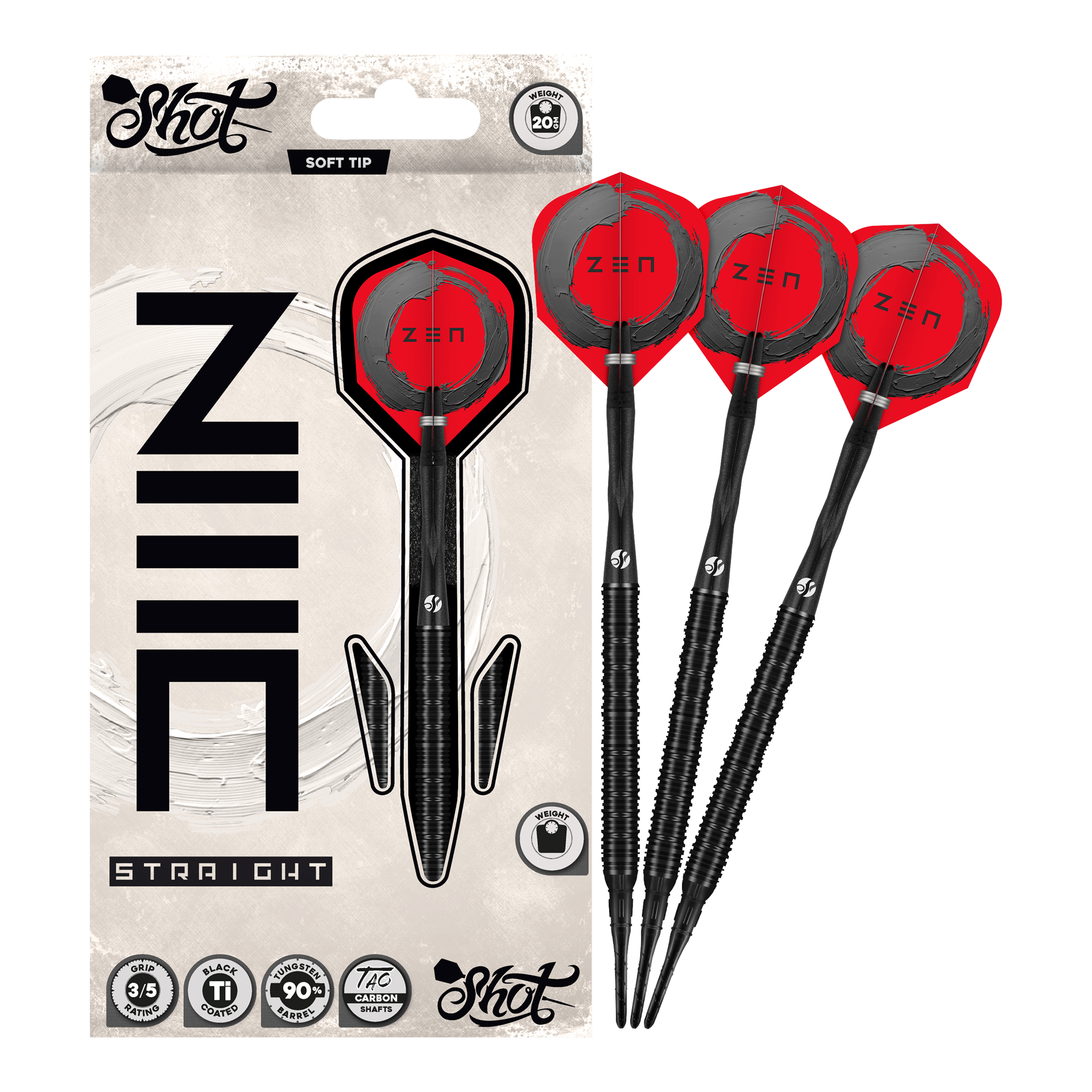 Šipky Shot ZEN Straight Soft - 20g Hier sieht man die Shot ZEN Straight Softdarts mit 20 Gramm Gewicht. Sie sind speziell für Softdartspieler konzipiert.