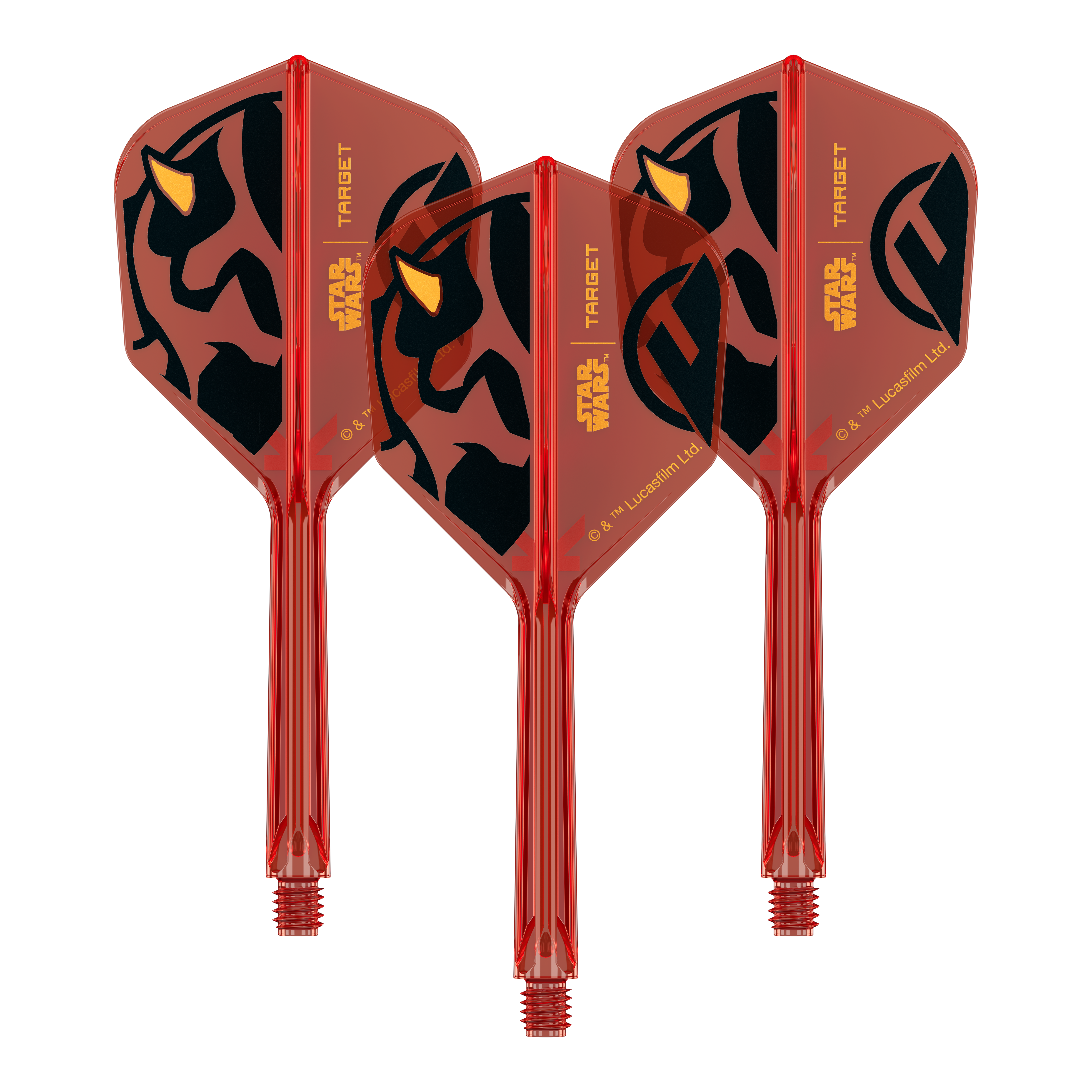 Target Star Wars K-Flex Darth Maul č. 6 lety Abgebildet ist ein Produkt mit dem Namen 410522_Target_StarWars_KFlex_DarthMaul_No6_Flights_Medium_33mm_1Set. Das Bild zeigt vermutlich Dart-Flights mit Star Wars Darth Maul Motiv.