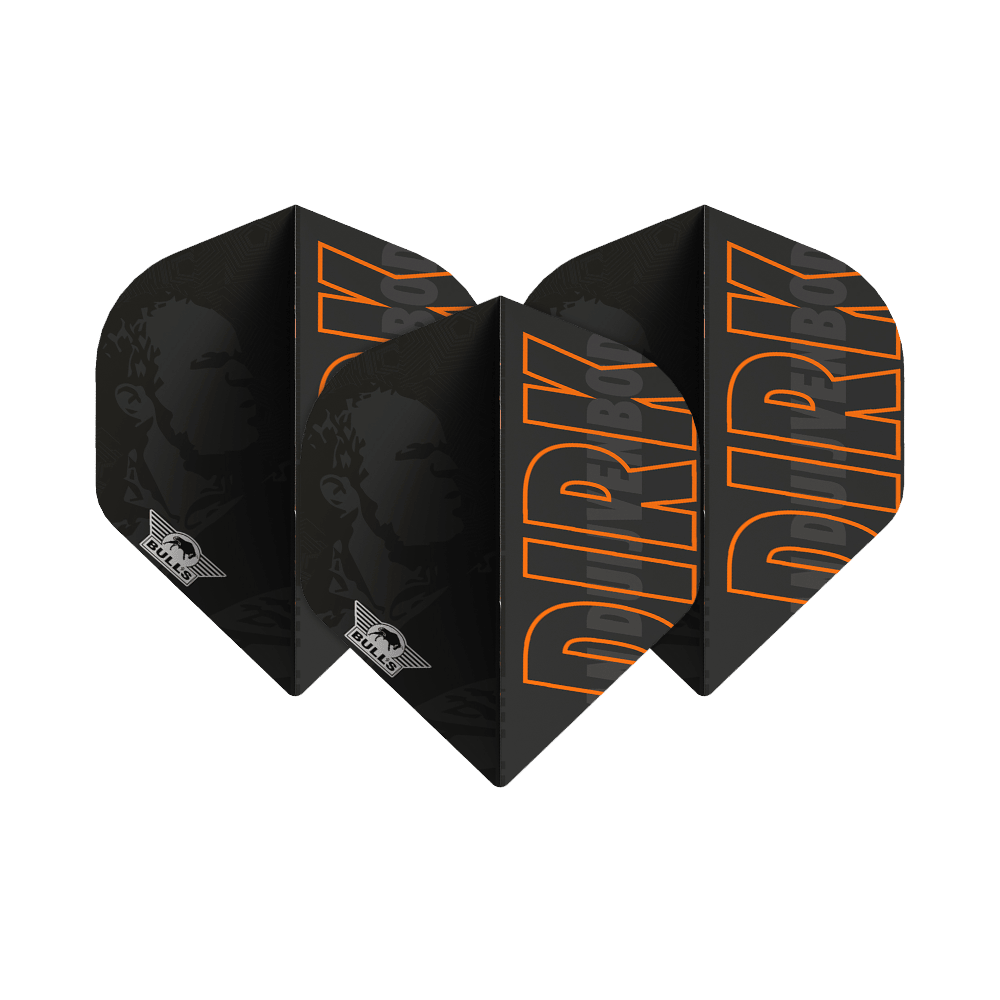 Bulls NL Player 100 Dirk Van Duijvenbode č. 2 standardní lety Das Bild zeigt schwarze Dartflights mit dem Namen "DIRK" in großen orangefarbenen Buchstaben. Auf den Flights ist außerdem das Logo von Bulls und ein Porträt im Hintergrund zu sehen.
