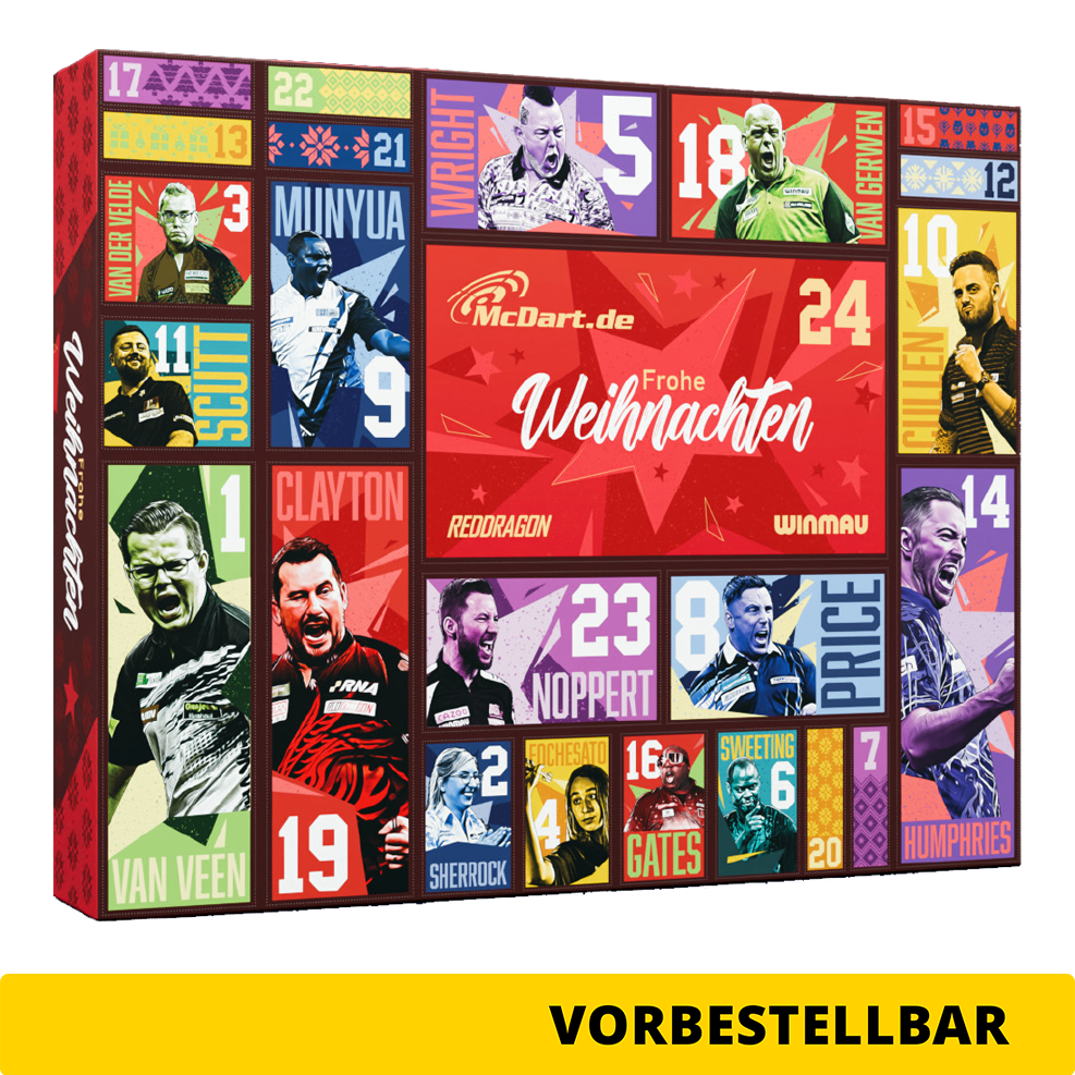 Adventní kalendář McDart Steel Darts 2026 Zu sehen ist der McDart Steel-Darts Adventskalender 2026. Der Kalender bietet Überraschungen für Steeldart-Spieler.