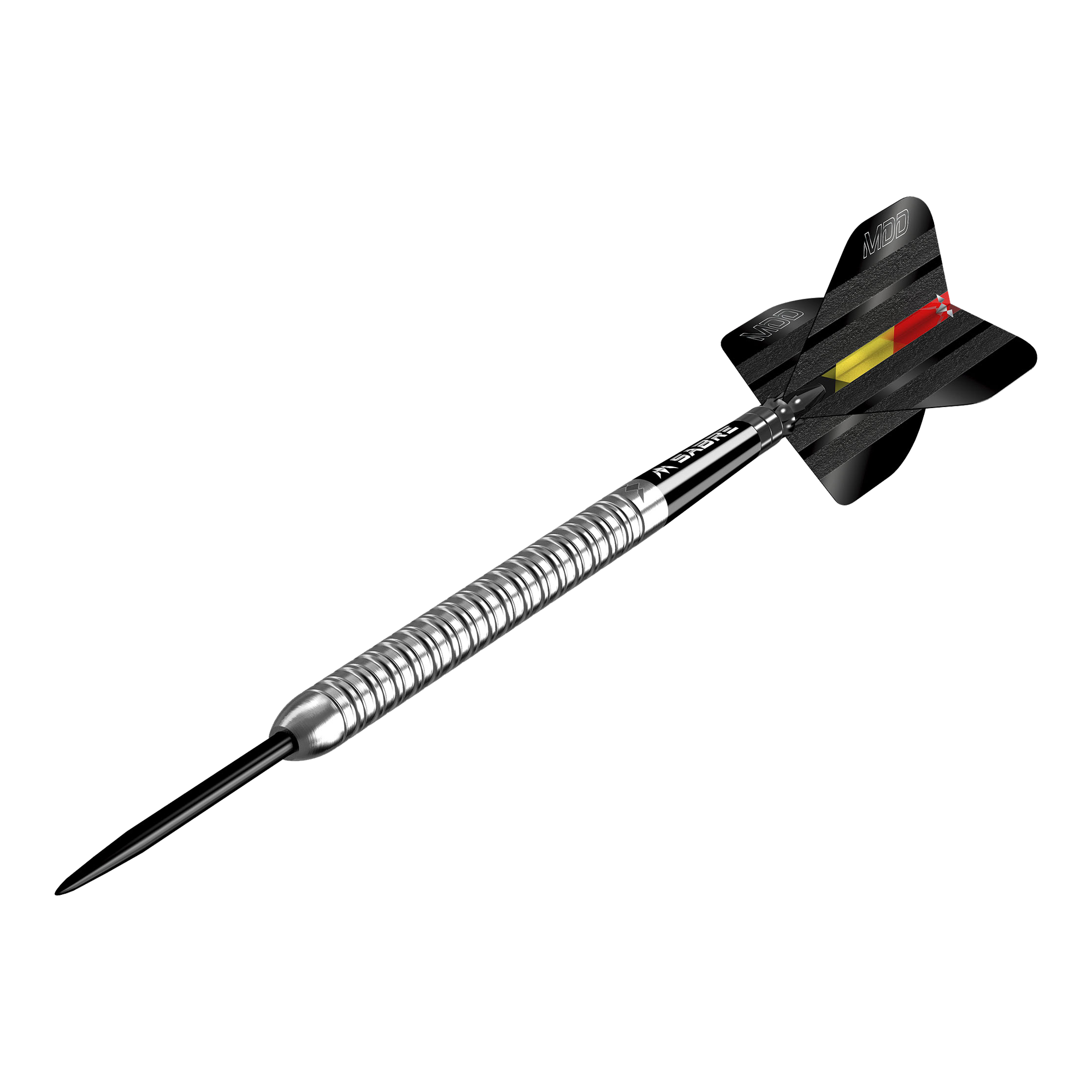 Das Bild zeigt einen silbernen Steeldart mit dem Namen "Mission Mike De Decker MDD Silver Steeldarts". Der Dartpfeil hat eine schwarze Flugfeder mit einem roten und gelben Streifen.