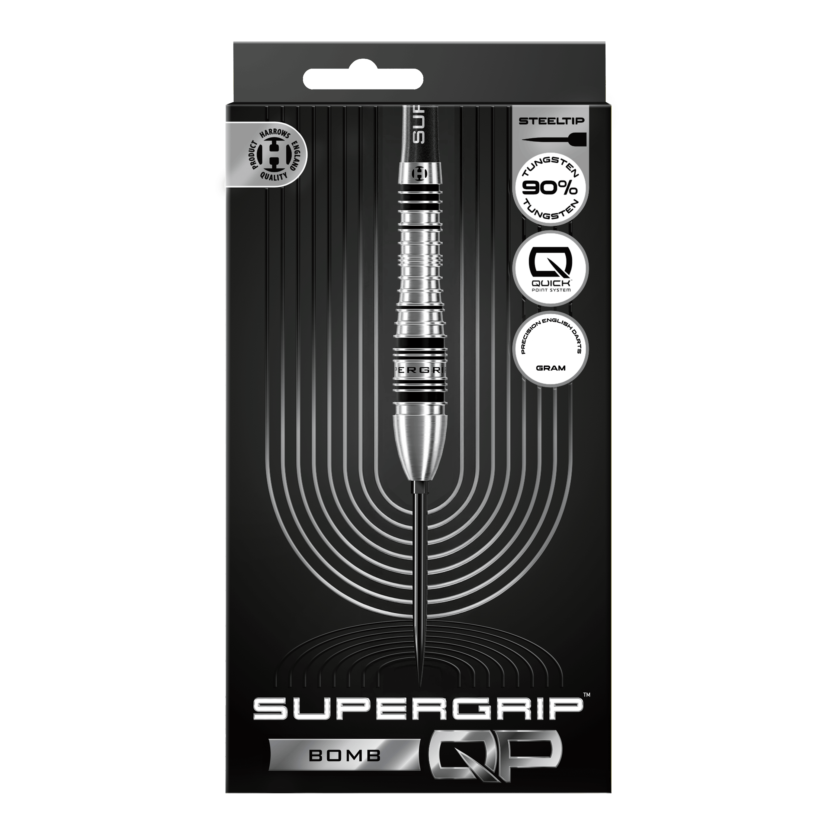 Harrows Supergrip Bomb Quick Point ocelové šipky Gezeigt werden die Harrows Supergrip Bomb Quick Point Steeldarts. Das Produkt bietet hohe Kontrolle und Stabilität beim Wurf.