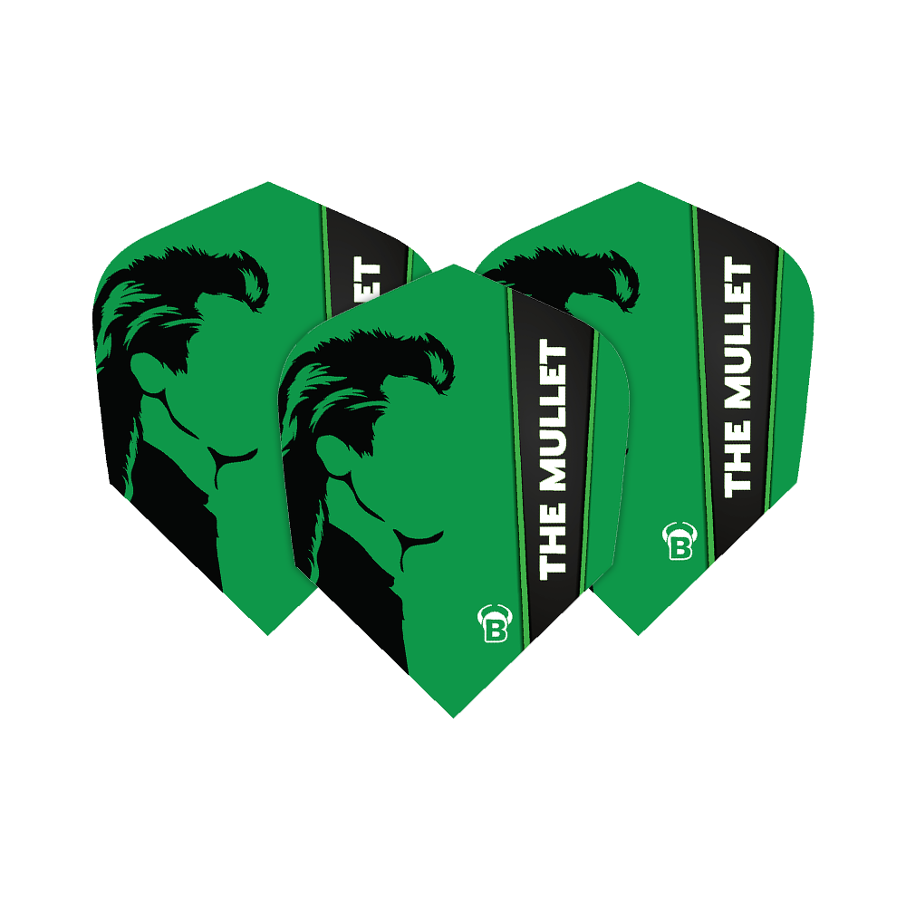 Das Bild zeigt drei grüne Dart-Flights mit einer schwarzen Silhouette eines Kopfes mit Mullet-Frisur. Auf jedem Flight steht in Weiß „THE MULLET“.