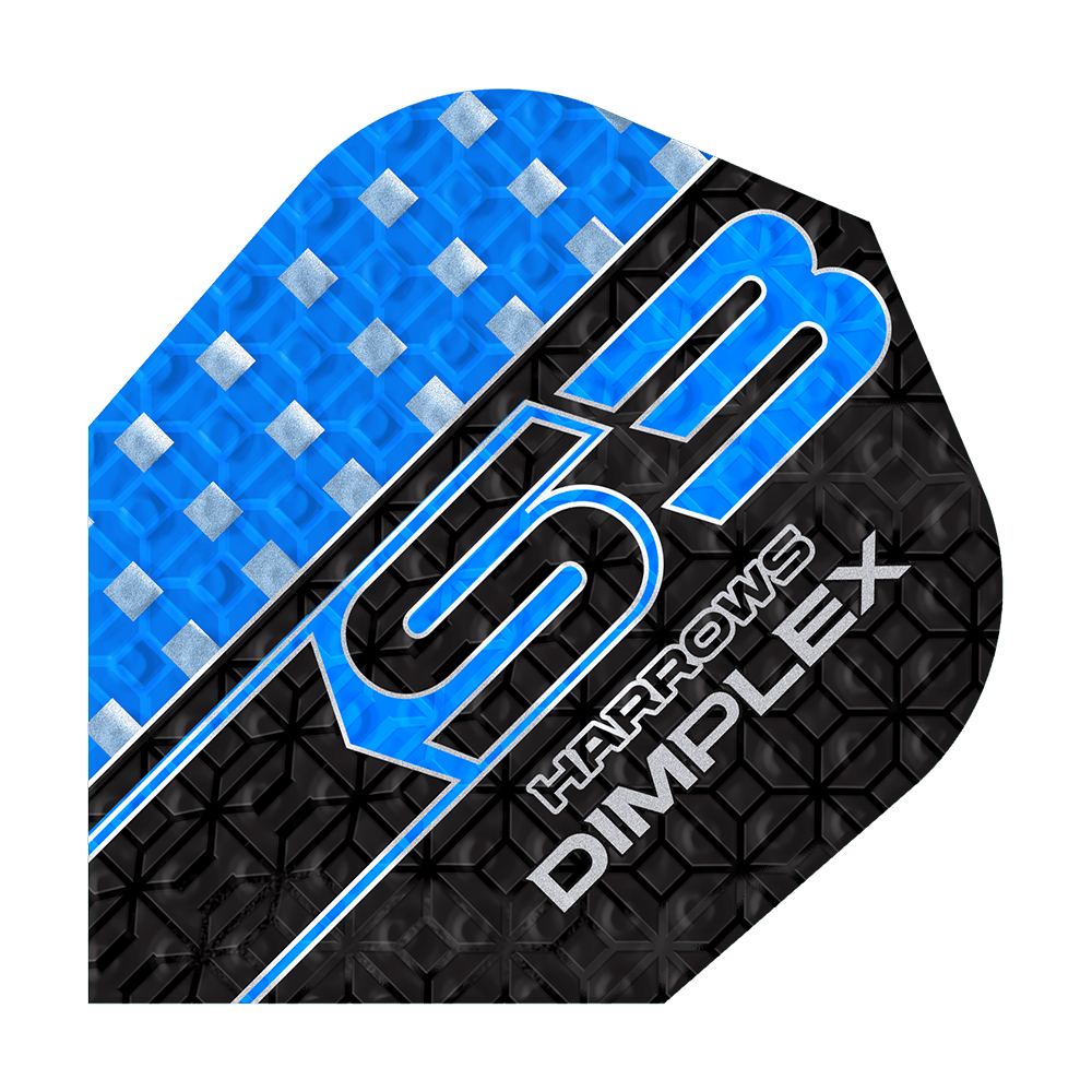 Letky Harrows Dimplex S3 - modré Das Bild zeigt ein blau-schwarzes Dartflight mit der Aufschrift "S3 HARROWS DIMPLEX". Die Oberfläche hat ein strukturiertes Muster mit silbernen Akzenten.