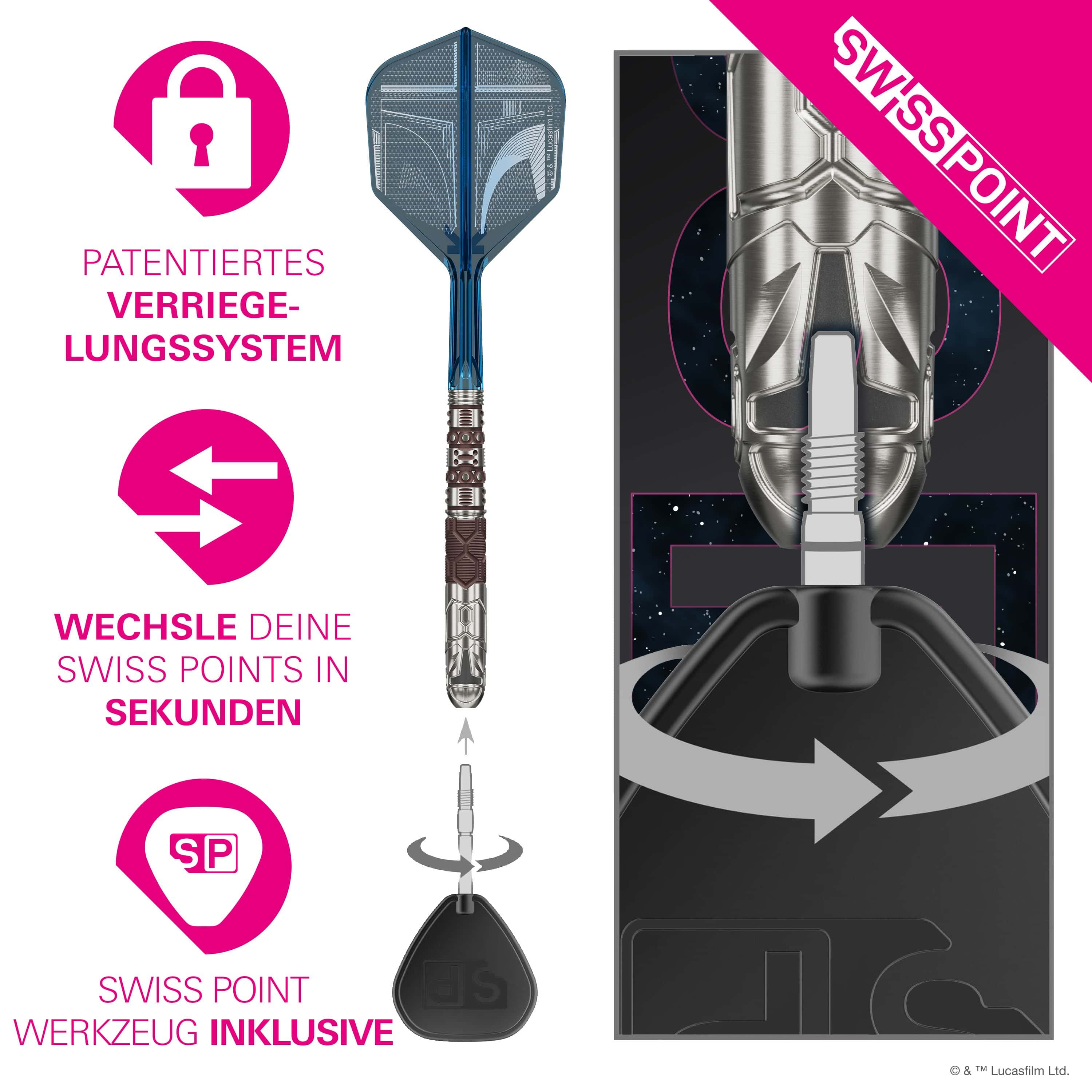 Das Bild zeigt die Target Star Wars Mandalorian 95 Swiss Point Steeldarts. Es handelt sich um hochwertige Steeldarts mit einem Mandalorian-Design.