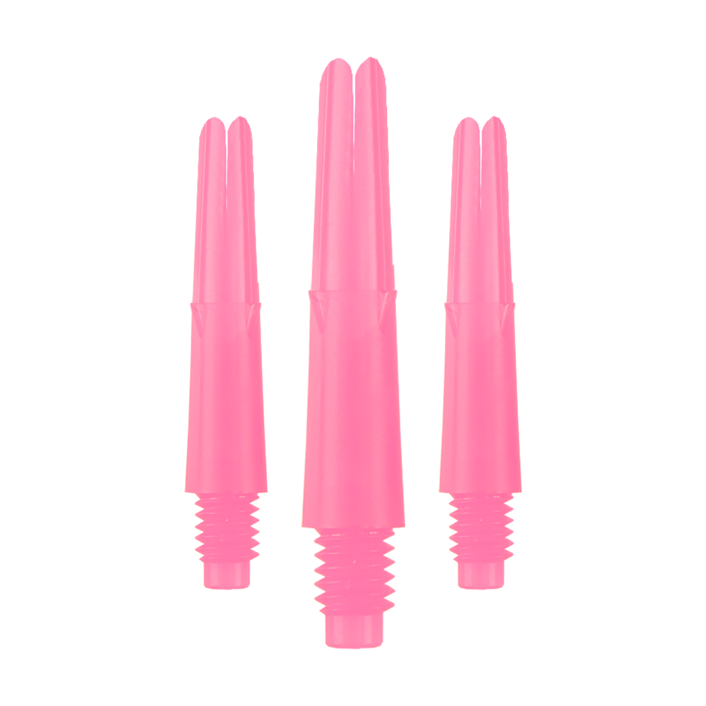 Das Bild zeigt drei pinke Dartschäfte aus Kunststoff. Sie stehen aufrecht und haben unten ein Schraubgewinde.