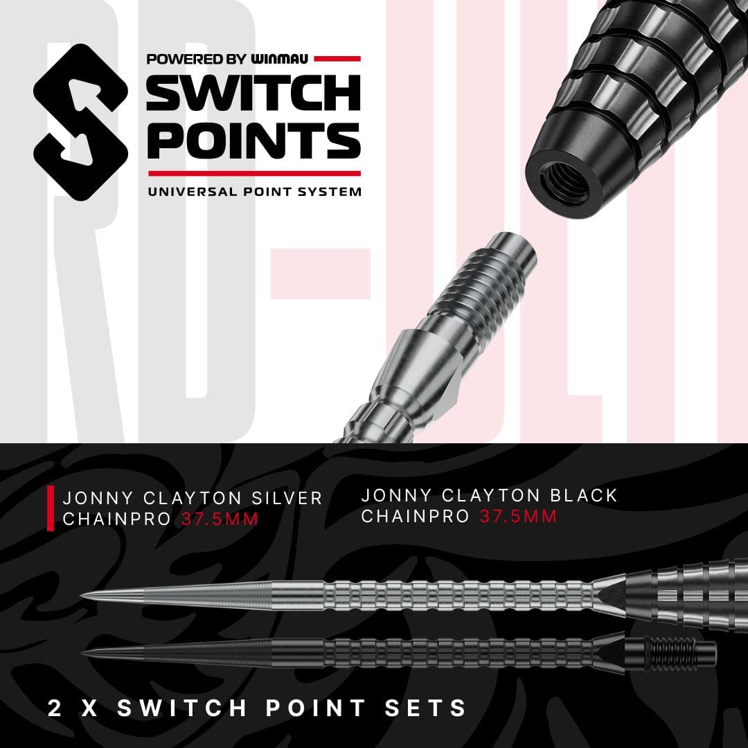 Ocelové šipky Red Dragon Jonny Clayton RD-ULTRA Switch Point - 22g Die Abbildung zeigt die Red Dragon Jonny Clayton RD-ULTRA Switch Point Steeldarts mit 22 Gramm. Die Darts liegen nebeneinander und sind gut sichtbar.