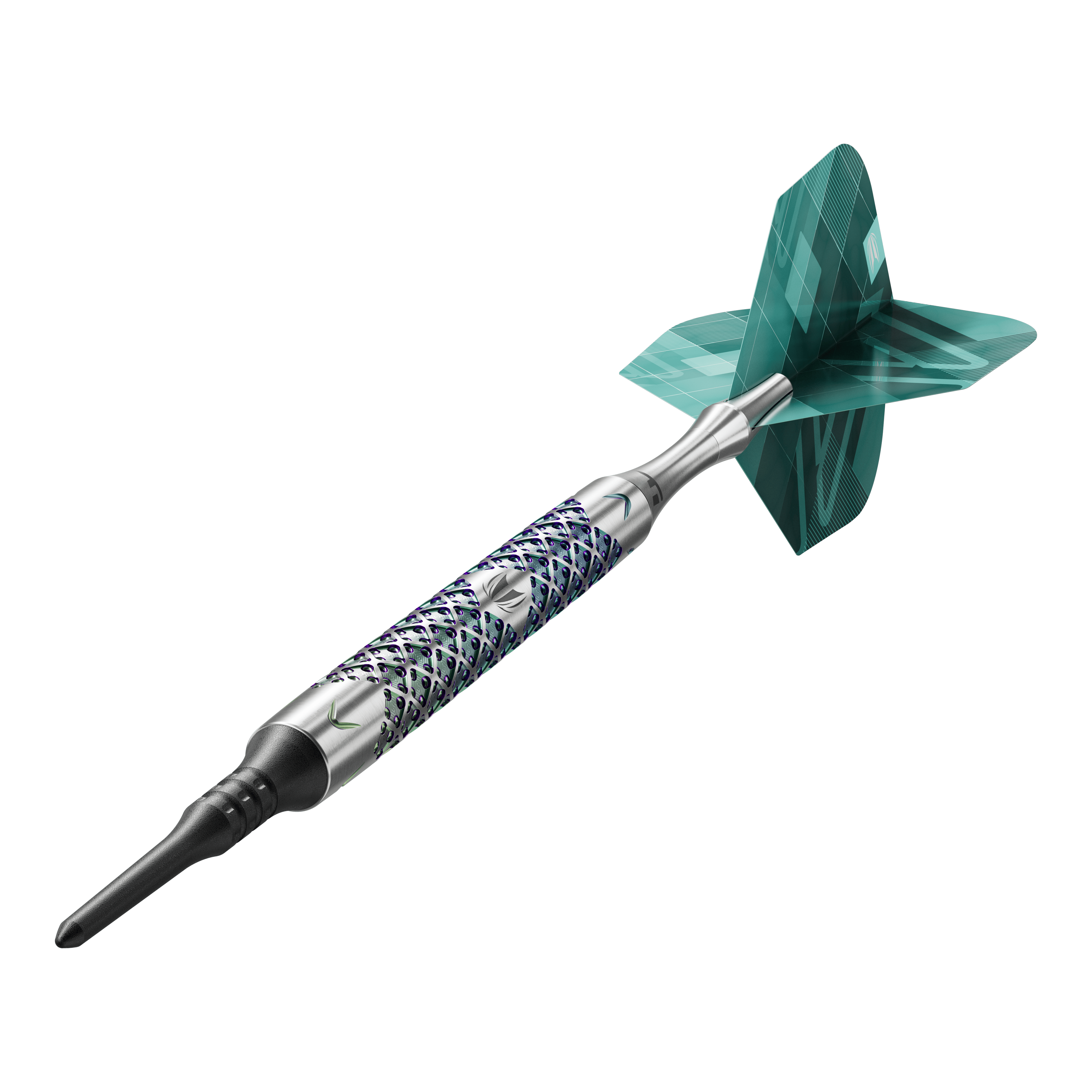 Target Rove 10 měkkých šipek Das Bild zeigt einen einzelnen Target Rove 10 Softdart. Der Dart hat ein silbernes, gemustertes Barrel und grüne Flights.