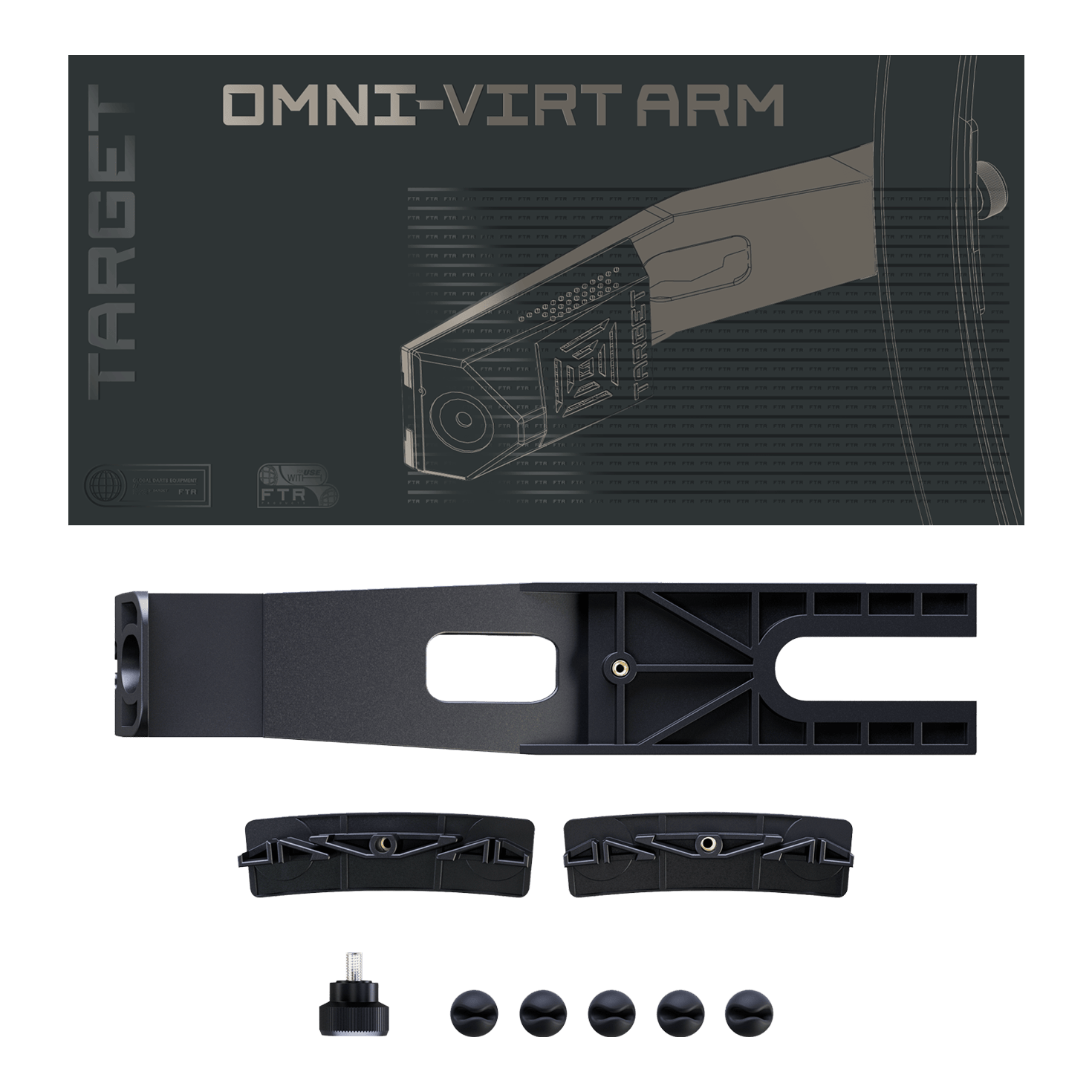 Dieses Bild präsentiert den Target OMNI VIRT Kamera Arm. Das Produkt ist ein spezieller Kamerahalter für Dartspieler.