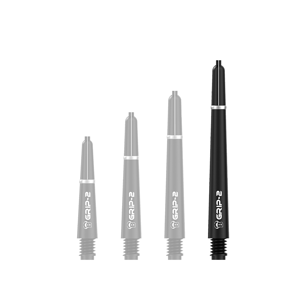 BS55051_Bulls_B-Grip-2_SL_Shafts_Schwarz_48mm_1WZK9xAfj3n7U4 Das Bild zeigt vier schwarze Bulls B-Grip-2 SL Shafts in unterschiedlichen Längen. Sie sind mit einem weißen Schriftzug und silbernen Ringen versehen.