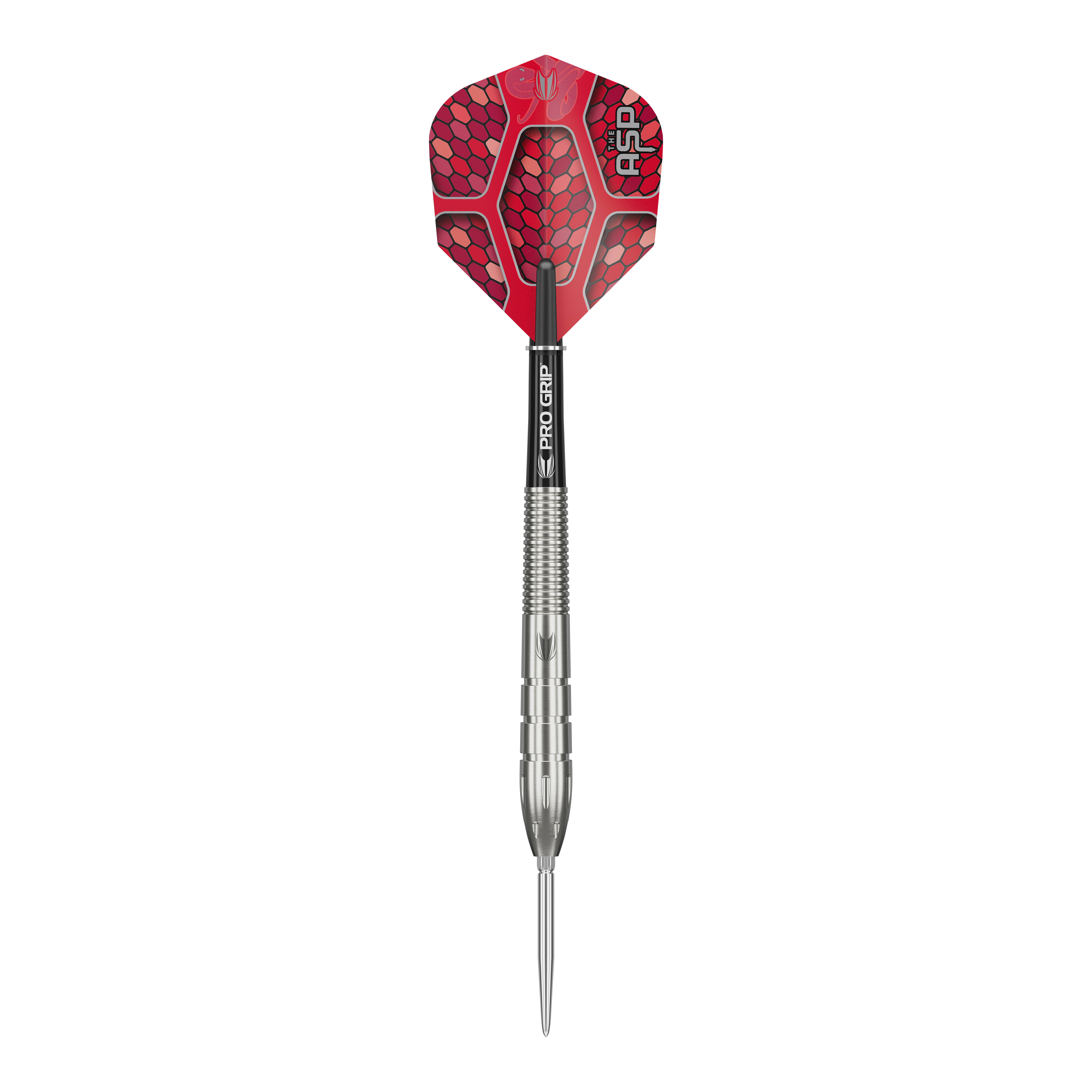 Das Bild zeigt einen Target Nathan Aspinall GEN1 Swiss Point Steeldart. Der Dart hat eine silberne Spitze und einen roten Flight mit Schuppenmuster.