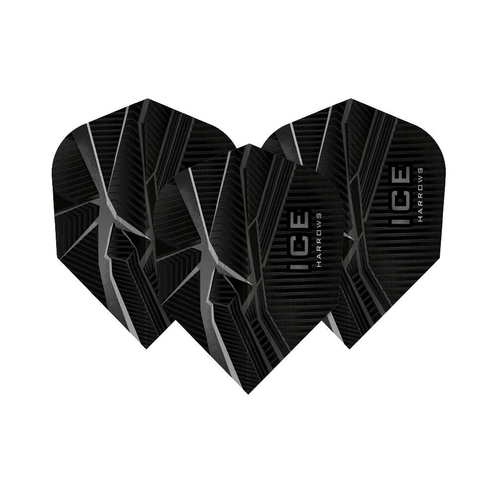 HR42_Harrows_Ice_Recut_Schwarz_Standard_Flights_1NFW6DkUXtNBx7 Das Bild zeigt drei schwarze Dart-Flights mit silbernen, eisähnlichen Mustern. Auf den Flights steht der Produktname "HARROWS ICE".