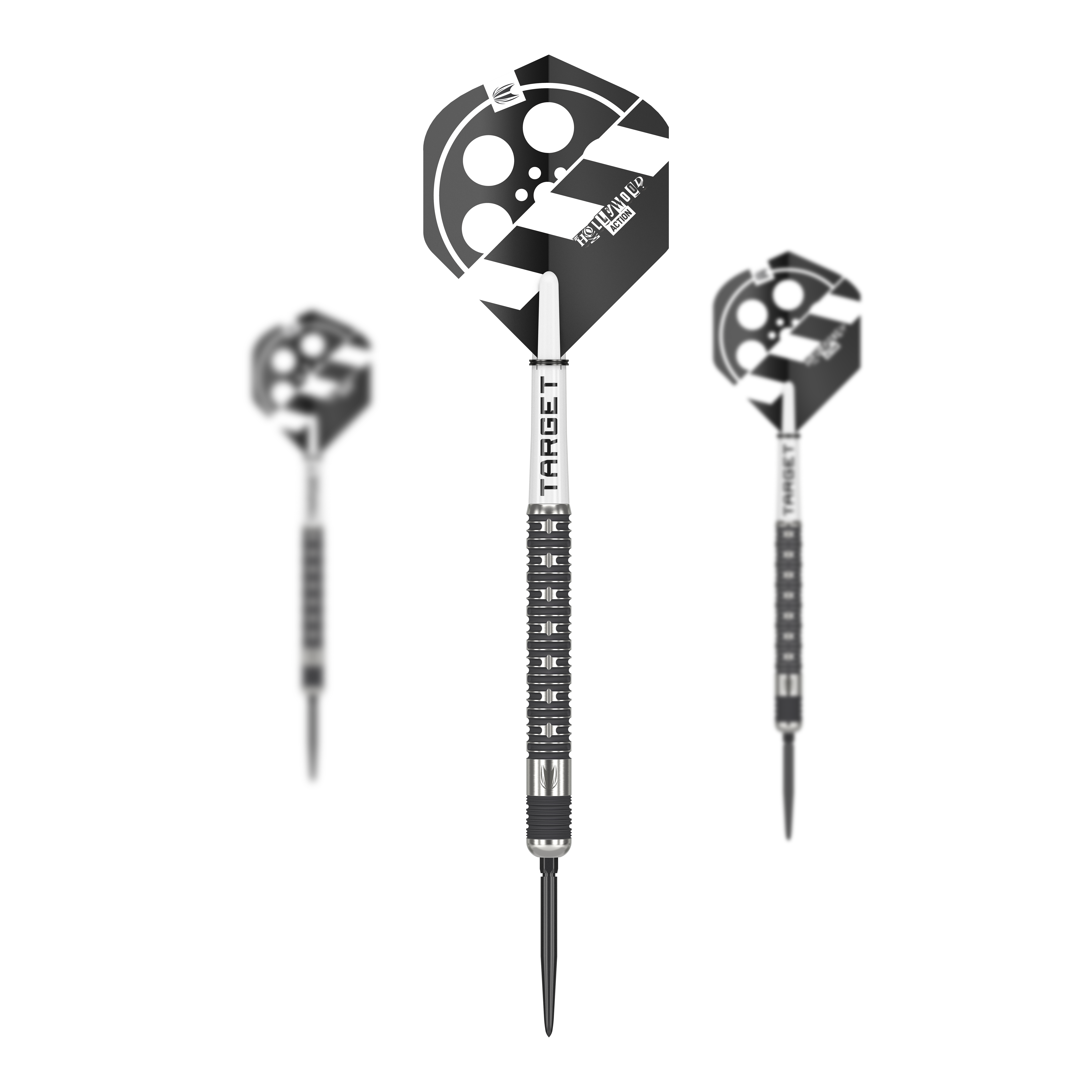 Target Chris Dobey Hollywood Action Swiss Point Steeldarts Das Bild zeigt drei Steeldarts des Modells „Target Chris Dobey Hollywood Action Swiss Point“. Die Flights der Darts sind schwarz-weiß gestaltet und mit einem Filmklappen-Motiv bedruckt.