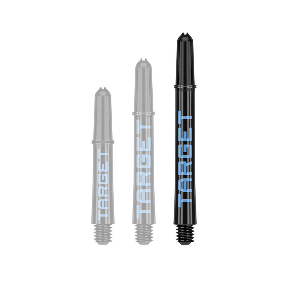 Násadky Target Pro Grip TAG - 3 sady - černomodré Auf dem Bild sind drei schwarze Dart-Schäfte in verschiedenen Längen zu sehen. Auf jedem Schaft steht das Wort "TARGET" in blauer Schrift.