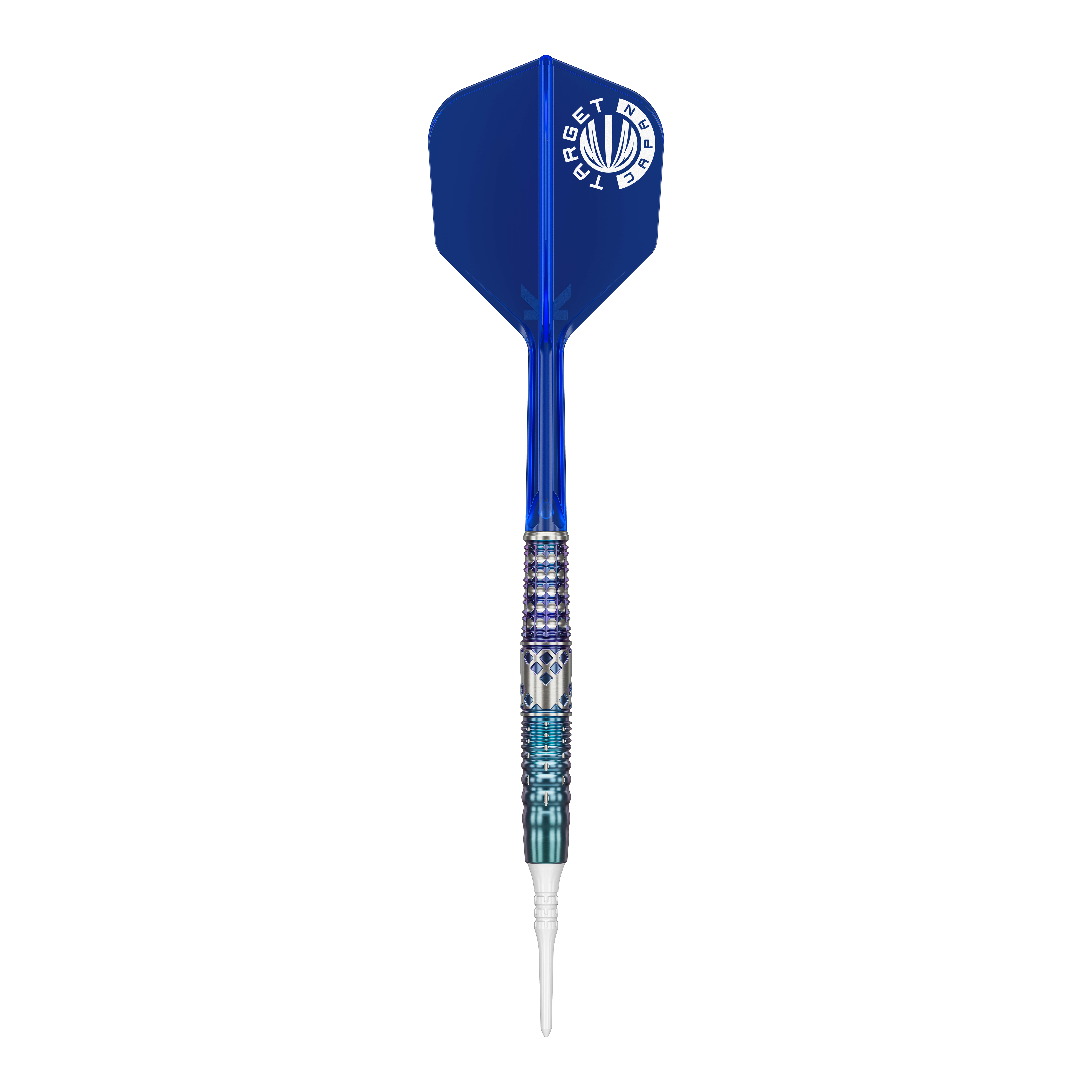 Das Bild zeigt einen Softdart mit einem blauen Flight und silber-blau gemustertem Griff. Es handelt sich um das Produkt "Target Japan Cathy Leung Charis GEN5 Softdarts - 19g".