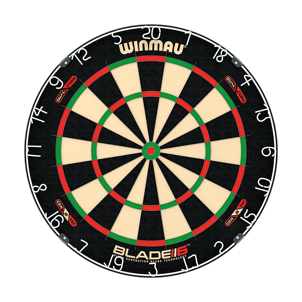 3031_Winmau_Blade_6_DualCore_Steeldartboard_1 Winmau Blade 6 Dualcore Steeldartboard wird frontal dargestellt. Die Zonen und Zahlen sind auffällig.