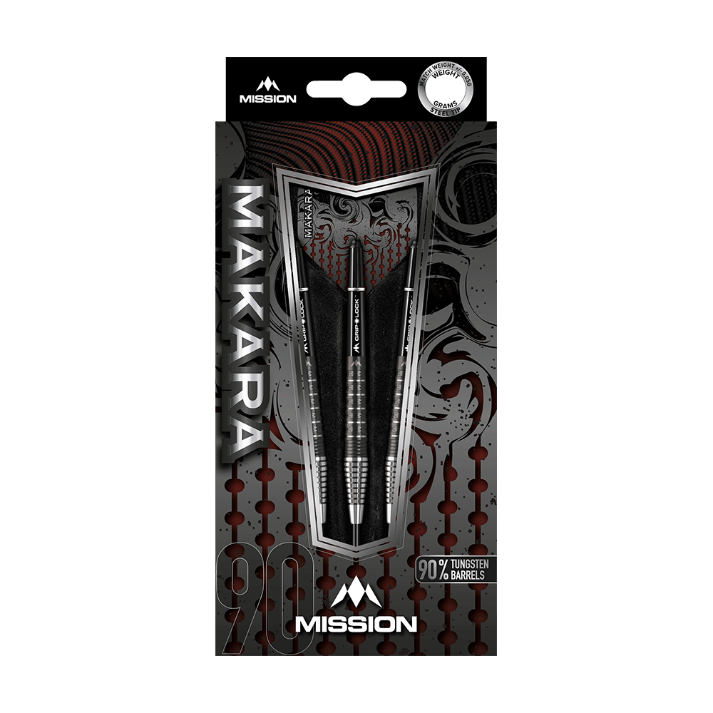 Ocelové šipky Mission Makara M2 - 23g Das Bild zeigt die Verpackung der Mission Makara M2 Steeldarts mit einem Gewicht von 23 Gramm. Die Darts bestehen zu 90 % aus Tungsten und sind ansprechend gestaltet.