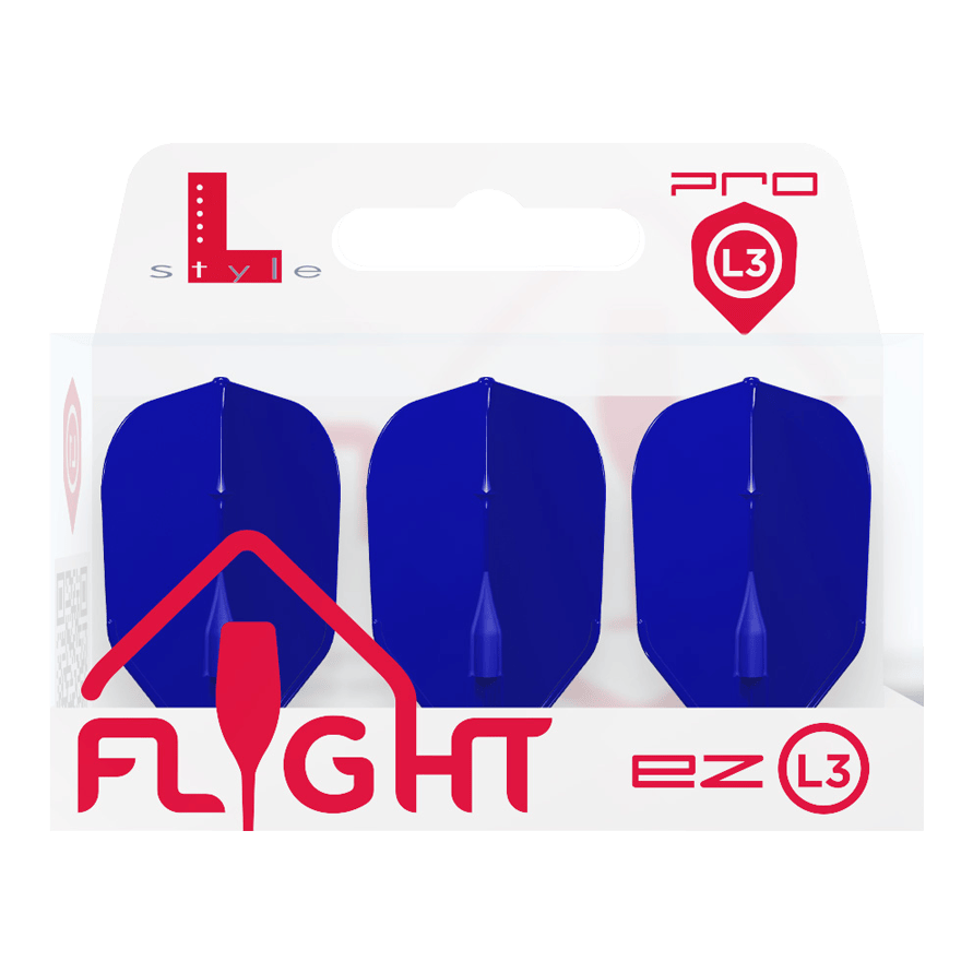 Lety L-L-Style3EZ Die Verpackung zeigt drei blaue Dart-Flights der Marke L-Style. Auf der Packung steht "FLIGHT ez L3" in roten Buchstaben.