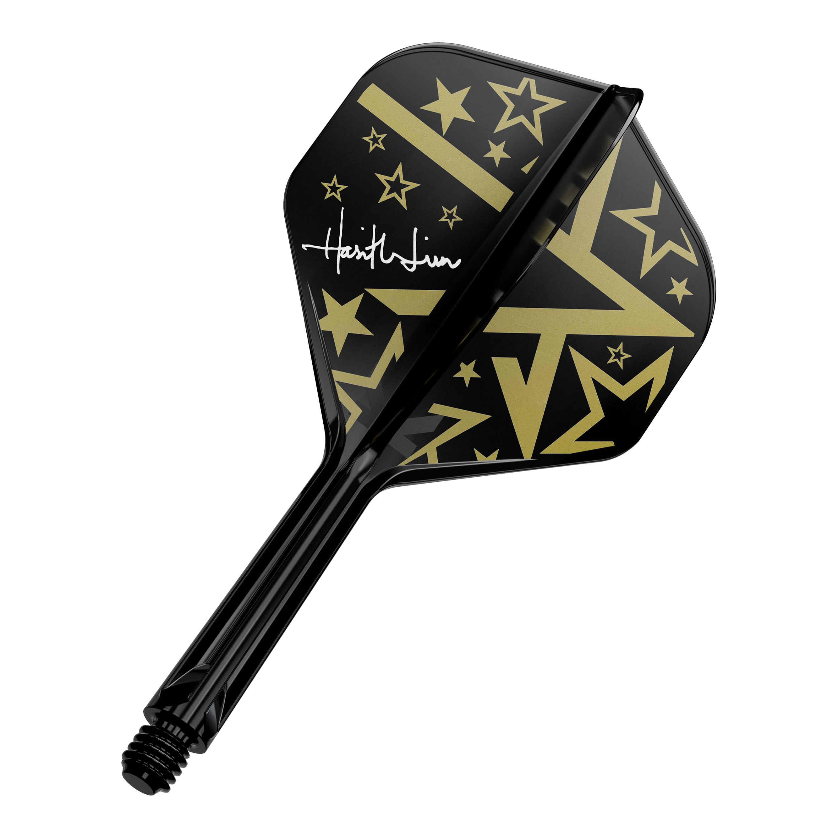 Target Japan K-Flex Hot Shot No2 Standardní letový hřídelový systém Dies ist ein schwarzer Dart-Flügel mit goldenen Sternen und Linien als Muster. Auf dem Flügel befindet sich außerdem eine weiße Unterschrift.