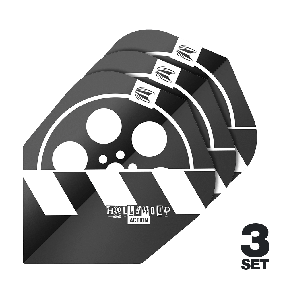Letky Target Pro Ultra Chris Dobey Hollywood Action č. 6 - 3 sady Das Bild zeigt drei Sets der Target Pro Ultra Chris Dobey Hollywood Action No6 Flights. Die Flights haben ein schwarz-weißes Design mit einem Filmrollen- und Klappenmotiv sowie dem Schriftzug "Hollywood Action".
