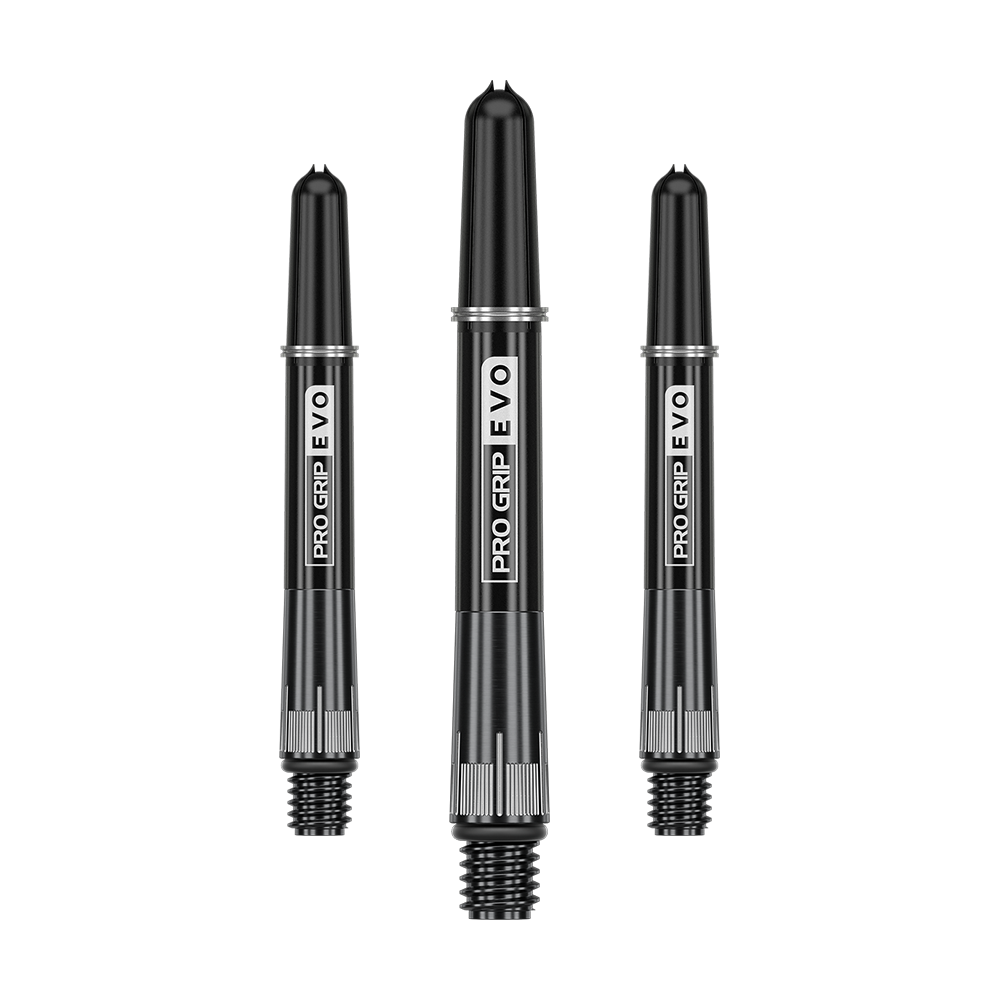 Das Bild zeigt drei schwarze Dartschäfte mit der Aufschrift „Pro Grip EVO“. Sie sind in einer Reihe angeordnet und haben ein modernes, metallisches Design.