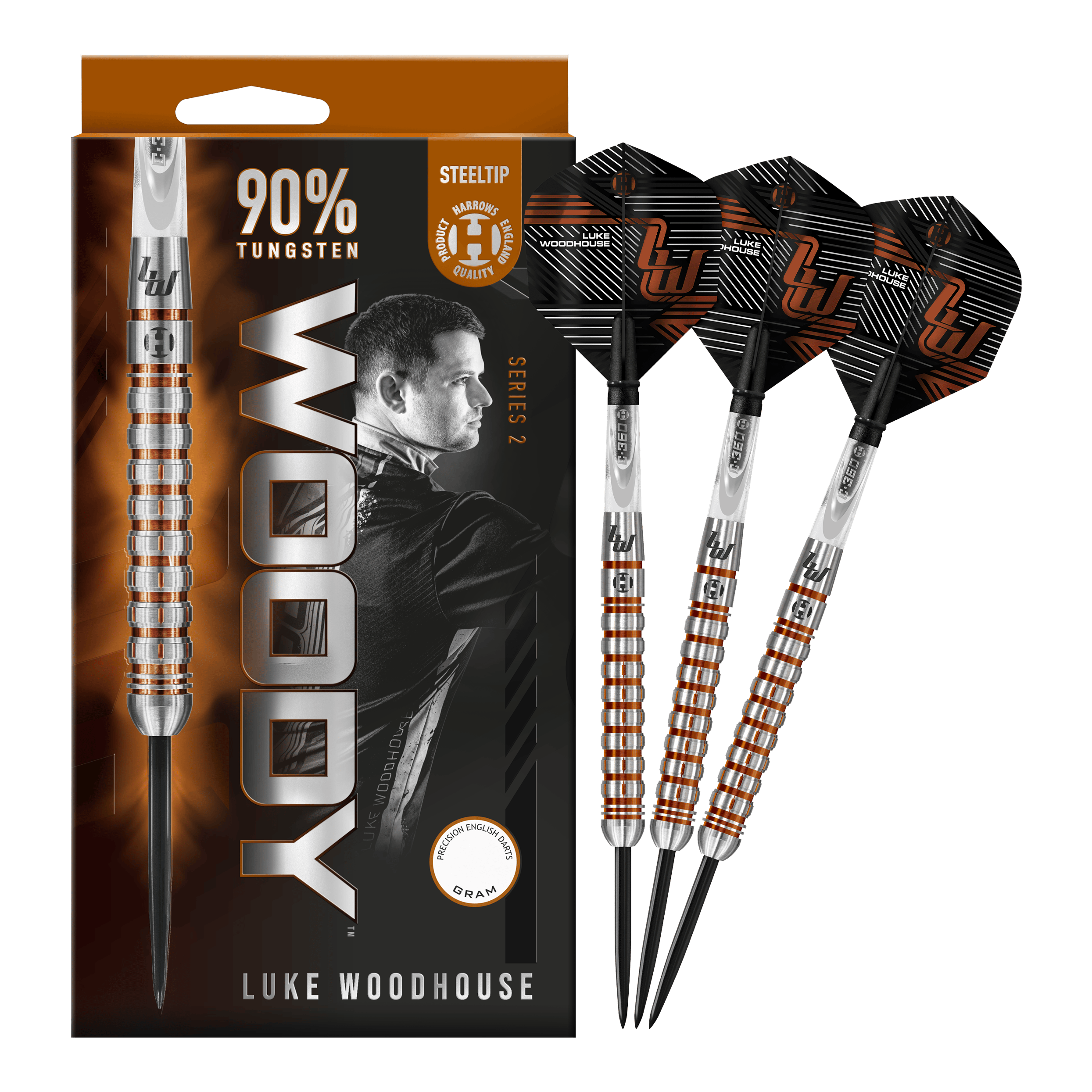 Ocelové šipky Harrow's Luke Woodhouse Series 2 Auf dem Bild sind die Harrows Luke Woodhouse Series 2 Steeldarts zu sehen. Die Verpackung zeigt das Dart-Design sowie ein Porträt von Luke Woodhouse und die Aufschrift "90% Tungsten".
