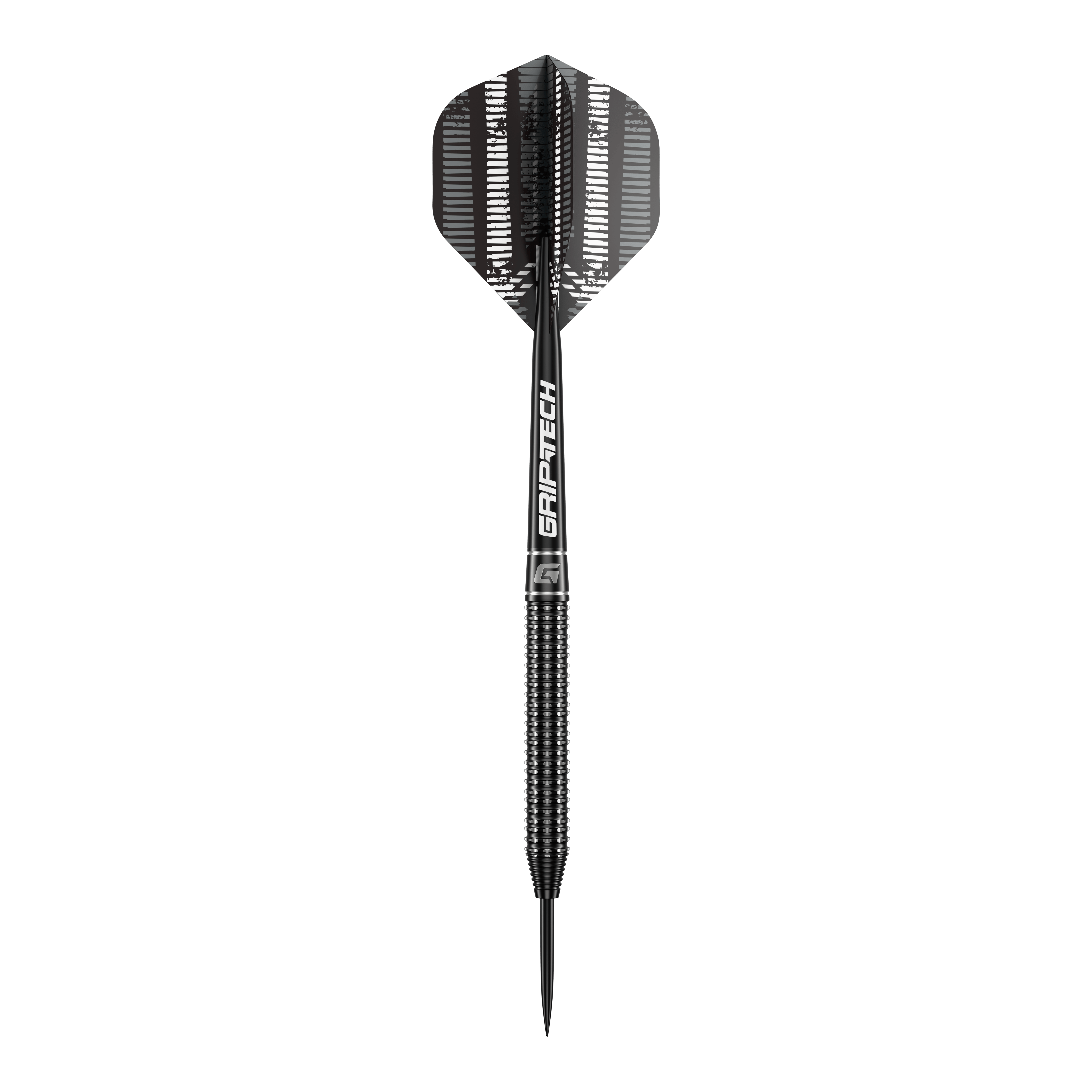 Šipky GOAT Sprocket z wolframové oceli Das Bild zeigt einen einzelnen GOAT Sprocket Tungsten Steeldart. Der Dart hat ein modernes, schwarzes Design mit dem Schriftzug "GRIPTECH" auf dem Schaft.