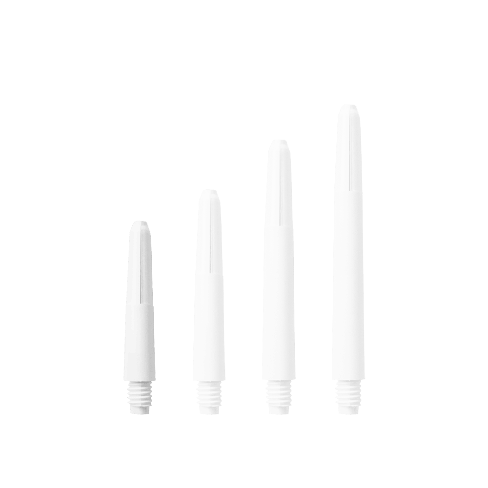 580_Nylon_Shafts_Schneeweiss_28mm_17X1lG3aiJNJlV Das Bild zeigt vier Nylon Shafts in Schneeweiß, die in unterschiedlichen Längen angeordnet sind. Sie haben ein Schraubgewinde an einem Ende.