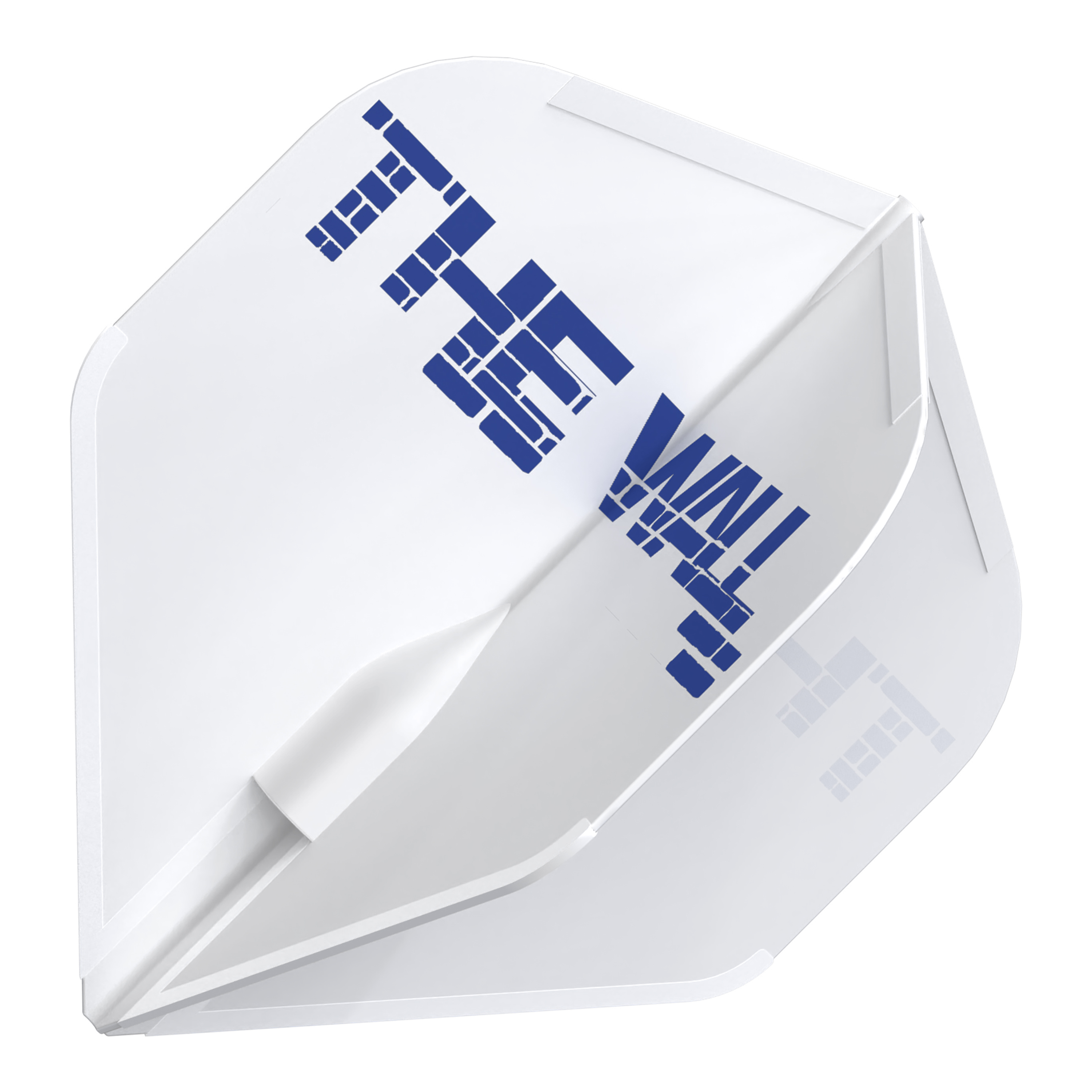 Lety Martin Schindler White L1EZ ve stylu L Das Bild zeigt ein weißes Dart-Flight mit dem blauen Schriftzug "THE WALL". Es handelt sich um das Produkt "L-Style Martin Schindler Weiß L1EZ Flights".