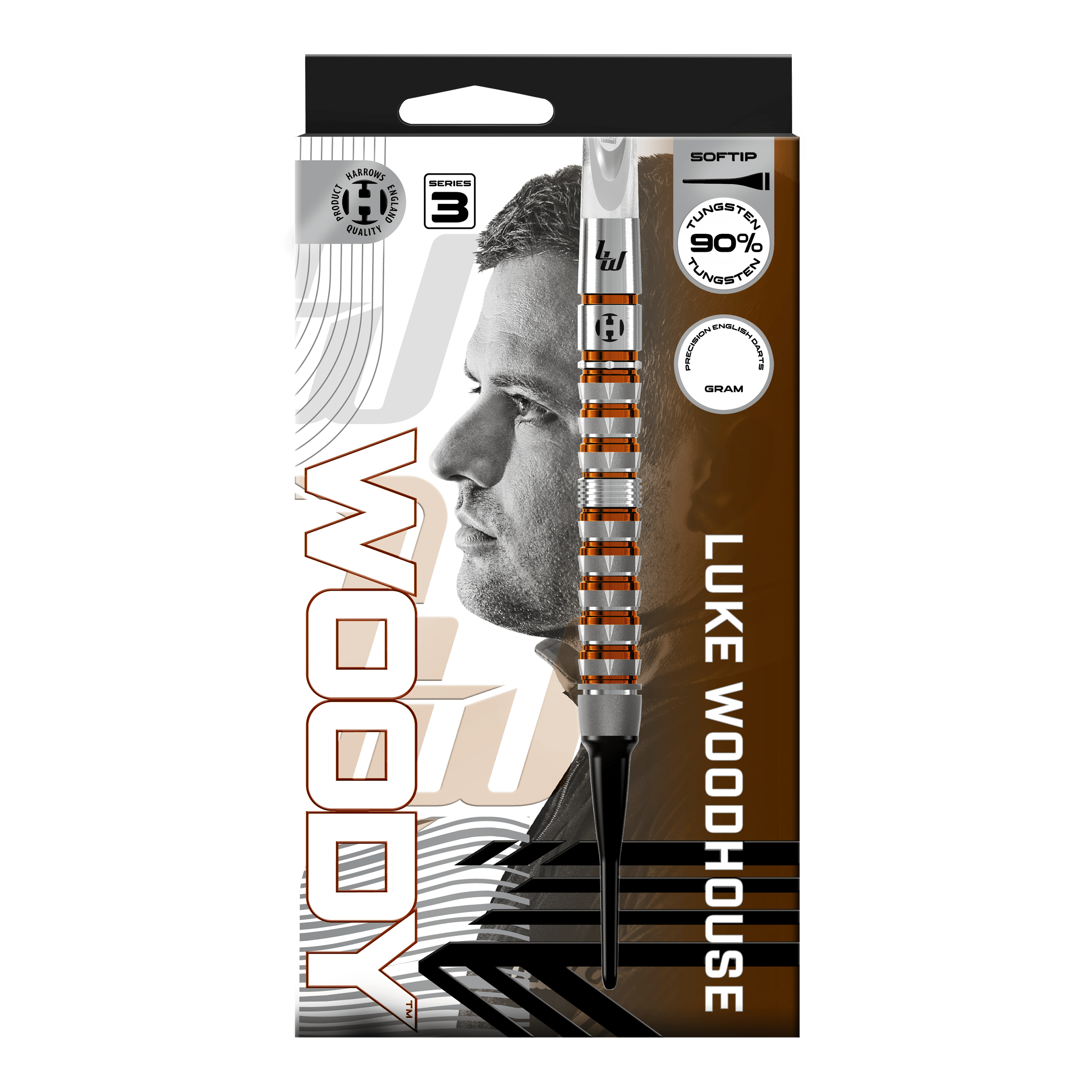 Hier ist das Produkt Harrows Luke Woodhouse Series 3 Softdarts - 18g zu sehen. Das Foto stellt die Softdarts in der 18-Gramm-Ausführung dar.