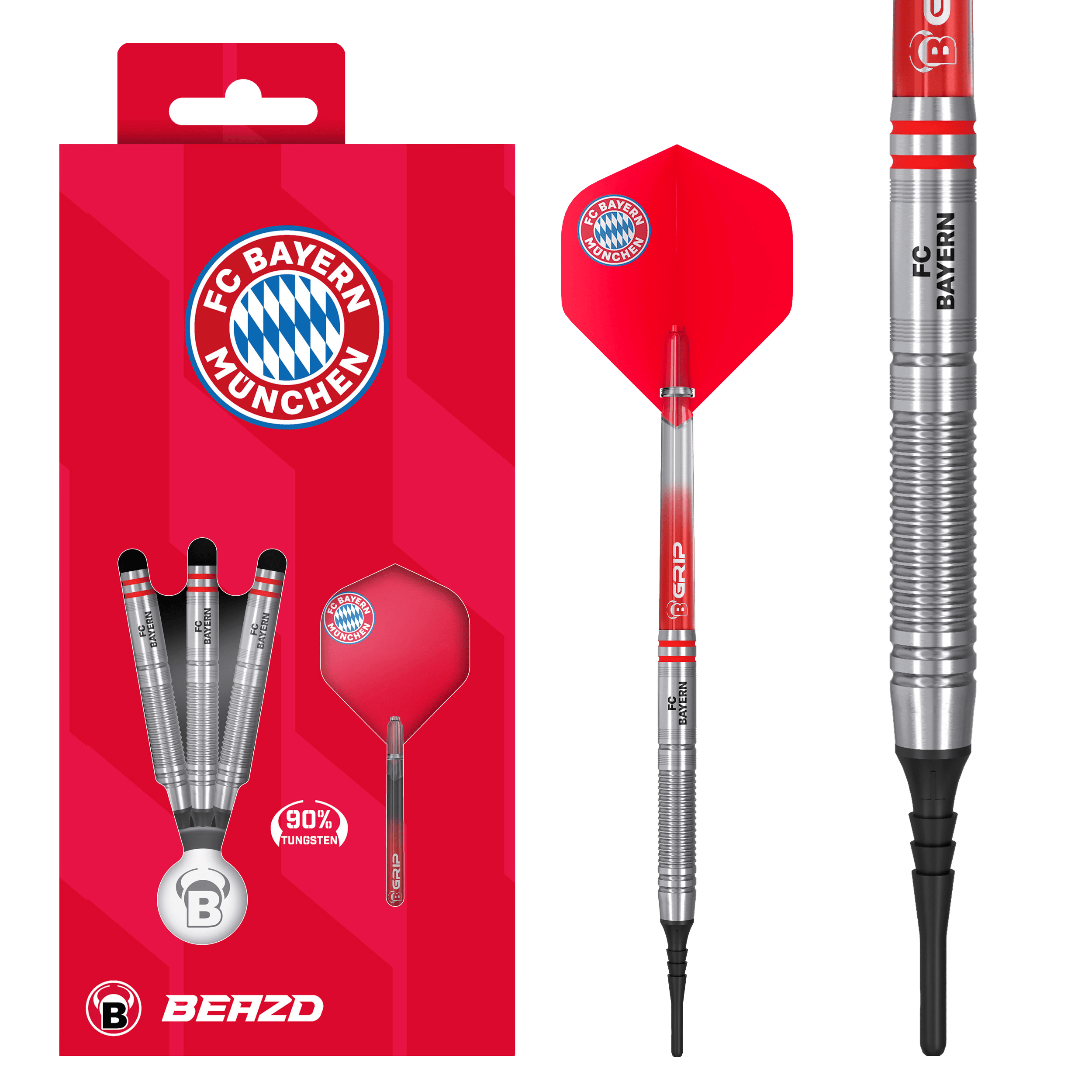 Beazd FC Bayern Mnichov Tungsten Soft Darts - 18g Das Beazd FC Bayern München Tungsten Softdarts – 18g Set liegt nebeneinander. Logos und Barrel-Muster sind klar erkennbar.