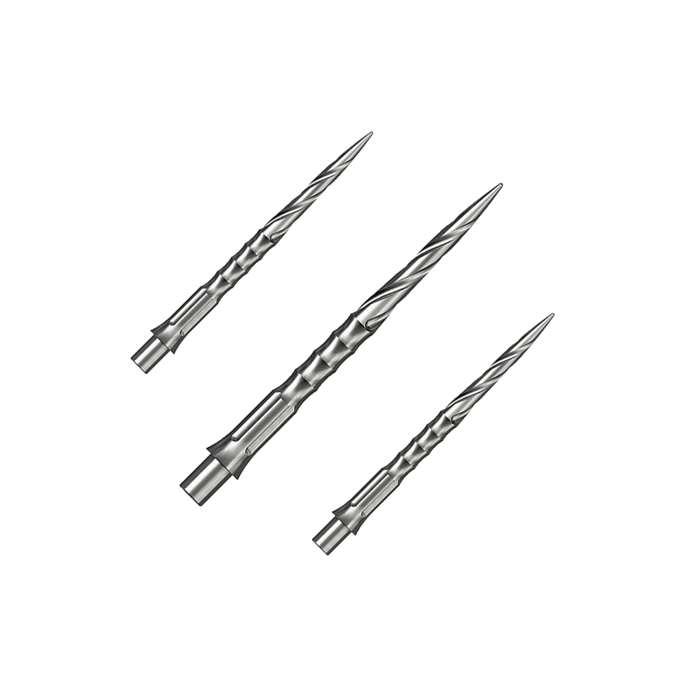 Ein Set silberner Steeldartspitzen ist auf dem Bild zu sehen. Die Spitzen sind im Spiro NoLip Stil und 30 mm lang.