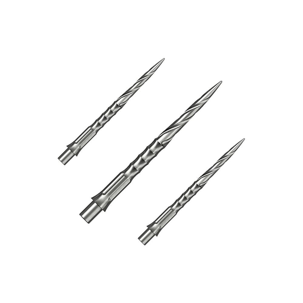 Ocelové hroty na šipky Caliburn System - Spiro - NoLip - stříbrné Ein Set silberner Steeldartspitzen ist auf dem Bild zu sehen. Die Spitzen sind im Spiro NoLip Stil und 30 mm lang.