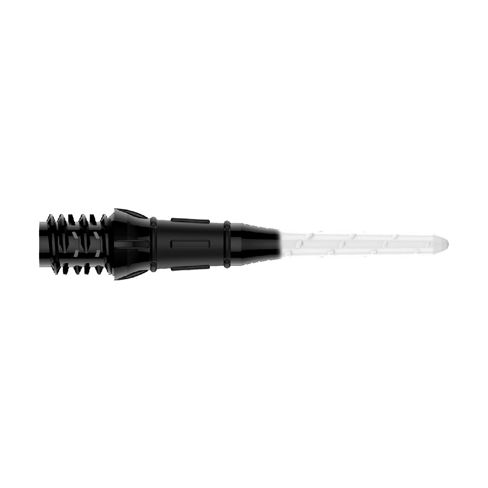 Dvoubarevné rtěnky L-Style Premium (balení 30 kusů) Das Bild zeigt eine schwarze und weiße Dartspitze mit einem zweifarbigen Design. Die linke Seite ist schwarz und die rechte Seite ist weiß.