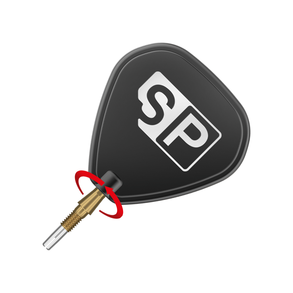 Špičky na šipky Target Swiss Storm Quartz - zlaté Das Bild zeigt eine schwarze Dartspitze mit der Aufschrift "SP" auf einem Flight. Ein roter Pfeil markiert eine Drehbewegung an der Verbindung zwischen Spitze und Flight.