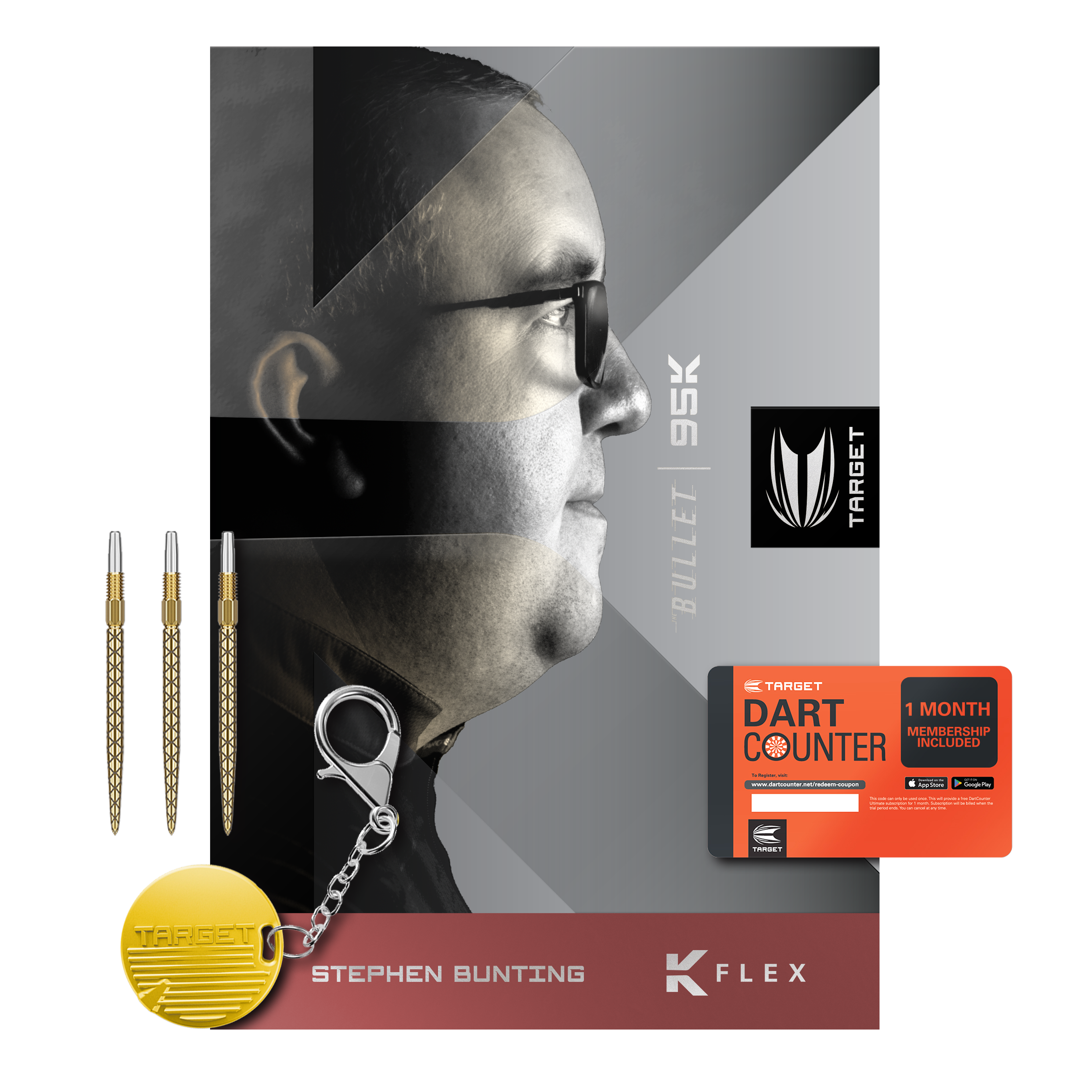Šipky Target Stephen Bunting 95K Swiss Point Steel Das Bild zeigt das Produkt "Target Stephen Bunting 95K Swiss Point Steeldarts" mit drei Dartpfeilen, einem Schlüsselanhänger und einer Dart Counter-Mitgliedskarte. Auf der Verpackung ist ein Porträtfoto von Stephen Bunting abgebildet.