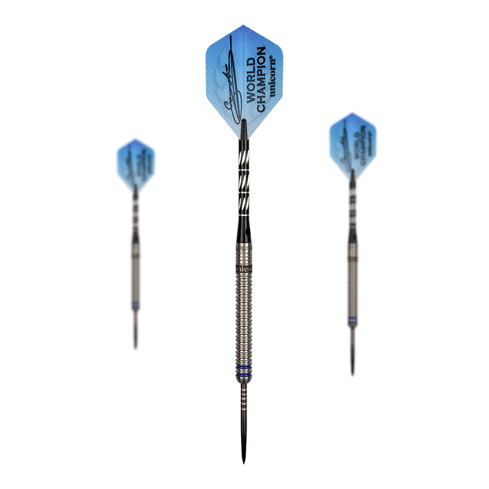 Mistr světa Unicorn Gary Anderson Fáze 3 Steeldarts Auf dem Bild sind drei Steeldarts des Produkts "Unicorn World Champion Gary Anderson Phase 3" zu sehen. Die Flights der Darts sind blau und mit einer Unterschrift sowie der Aufschrift "WORLD CHAMPION unicorn" bedruckt.