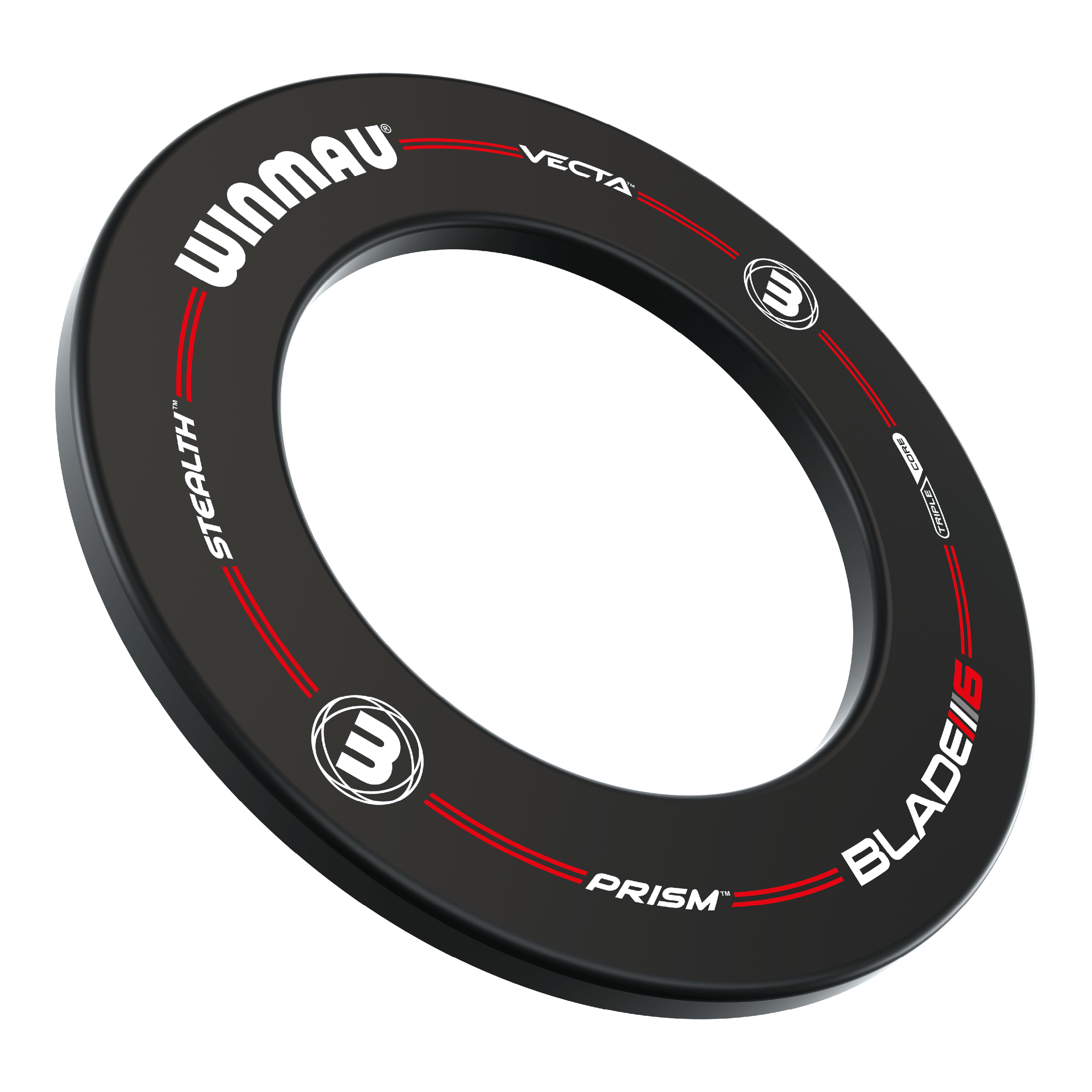 Winmau Pro-Line Blade 6 Dartboard Surround Auf dem Bild ist das Winmau Pro-Line Blade 6 Dartboard Surround zu sehen. Der schwarze Surround-Ring hat weiße und rote Schriftzüge sowie Logos aufgedruckt.