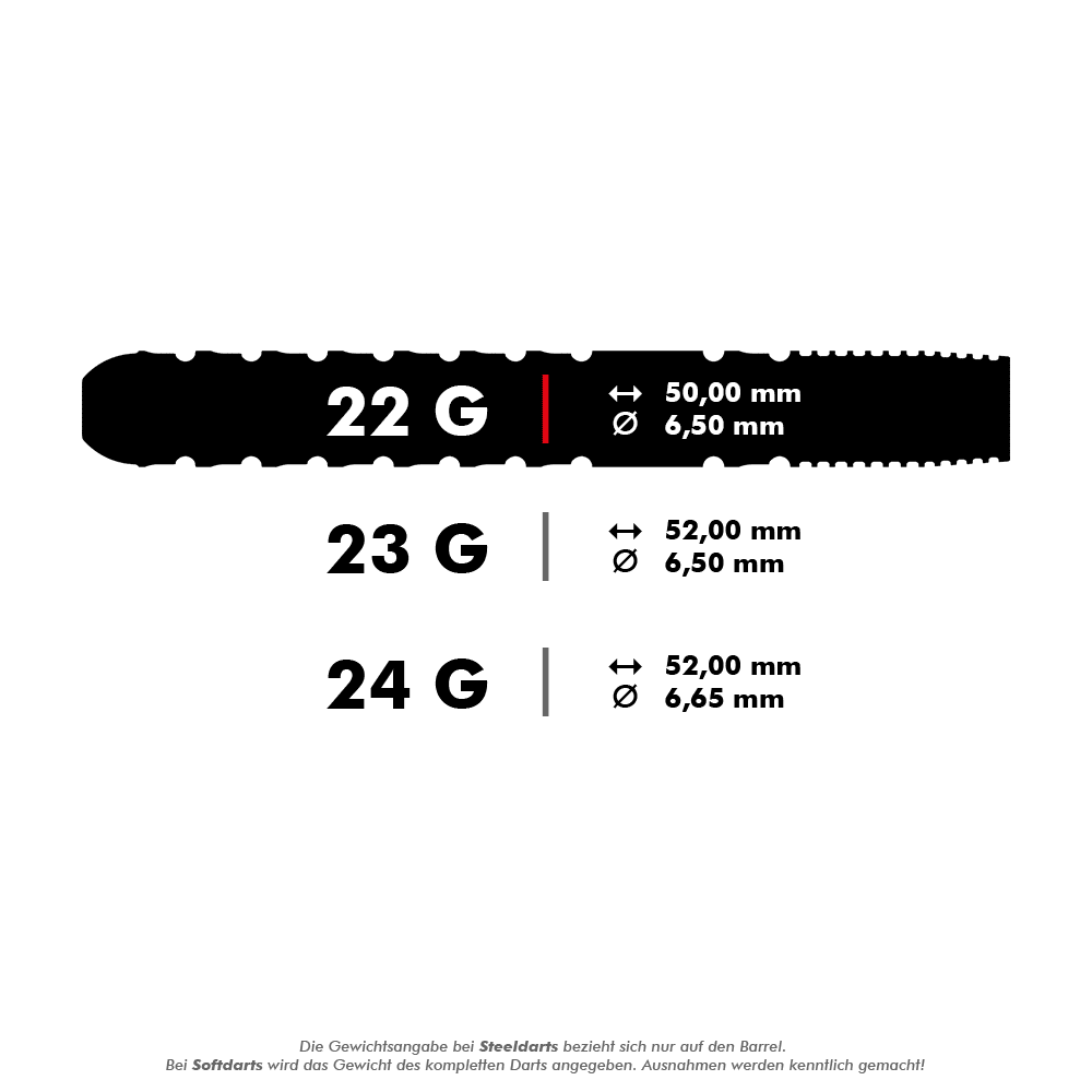 Zaměřte se na Luke Littler GEN1 Swiss Point Steeldarts Das Bild zeigt die Spezifikationen für drei verschiedene Dartgewichte: 22 g, 23 g und 24 g. Es werden jeweils die Länge und der Durchmesser der Darts in Millimetern angegeben.